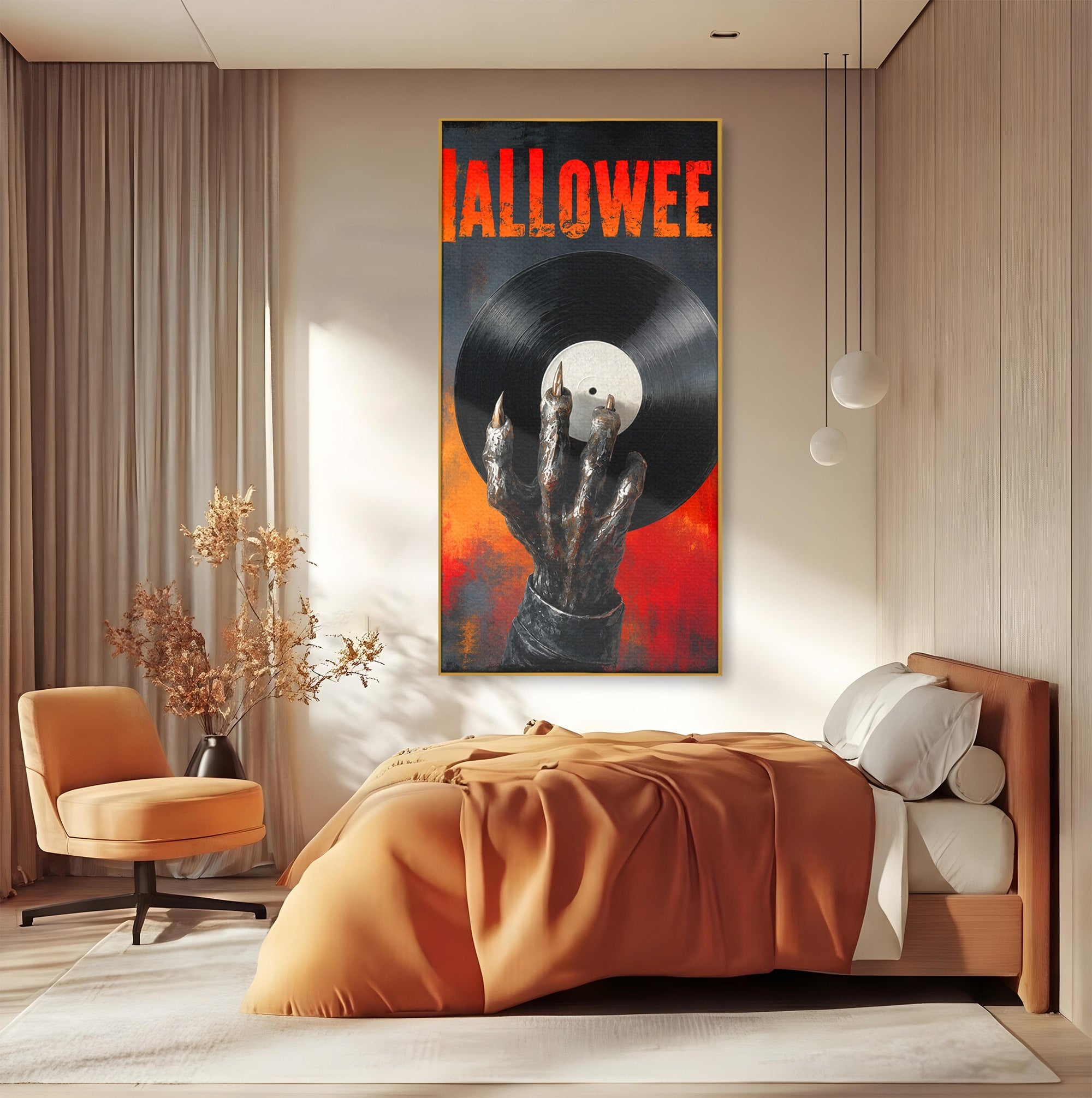 Tablou Canvas Premium LuxCanva® R1038, Mana Demonica Cu Disc Vinil, Mana, Vinil, Demonic, Halloween, Living, Culori Vibrante