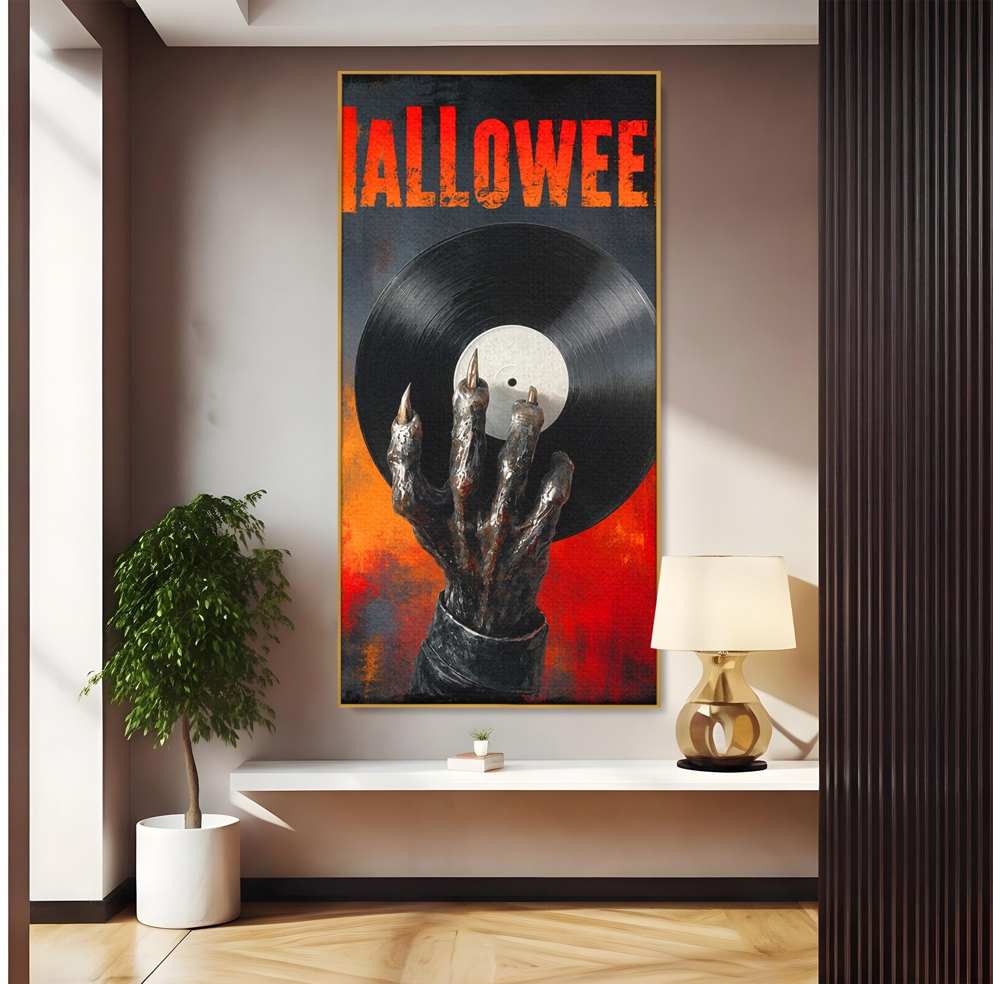 Tablou Canvas Premium LuxCanva® R1038, Mana Demonica Cu Disc Vinil, Mana, Vinil, Demonic, Halloween, Living, Culori Vibrante