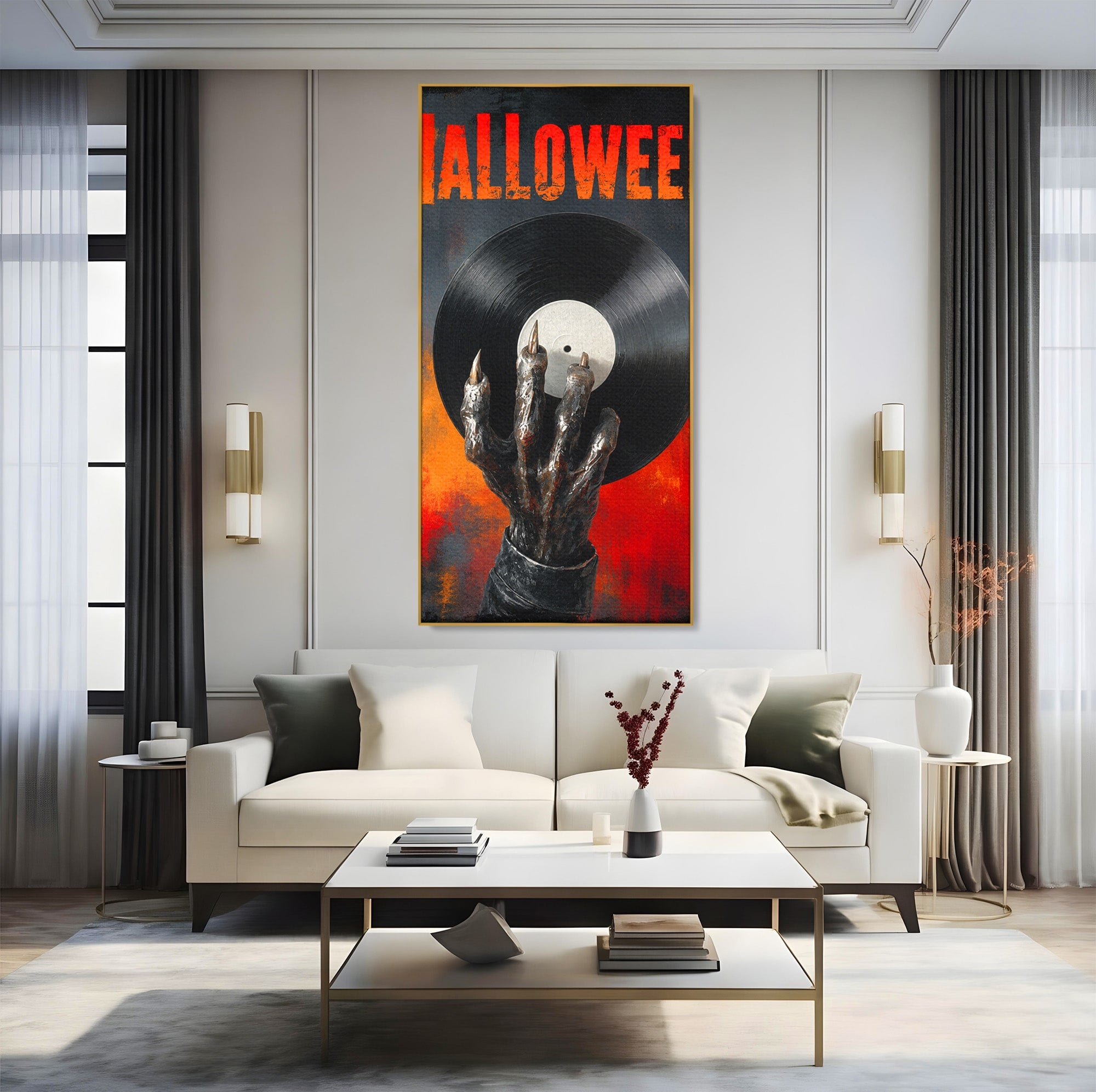 Tablou Canvas Premium LuxCanva® R1038, Mana Demonica Cu Disc Vinil, Mana, Vinil, Demonic, Halloween, Living, Culori Vibrante