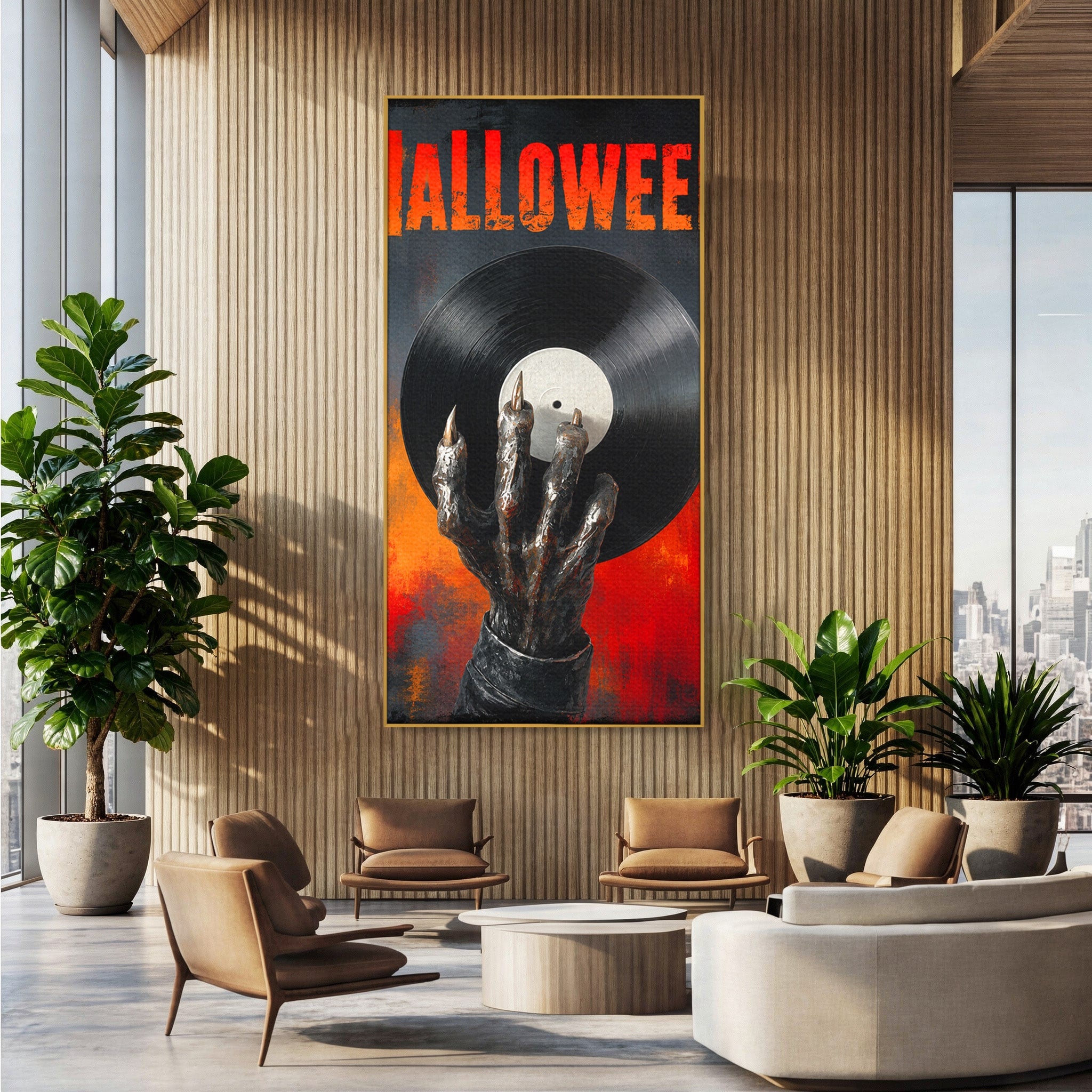 Tablou Canvas Premium LuxCanva® R1038, Mana Demonica Cu Disc Vinil, Mana, Vinil, Demonic, Halloween, Living, Culori Vibrante