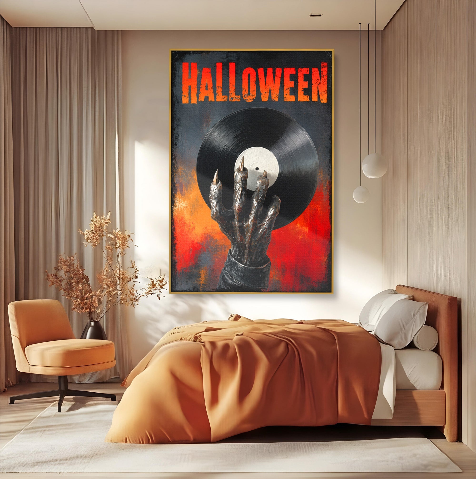 Tablou Canvas Premium LuxCanva® R1038, Mana Demonica Cu Disc Vinil, Mana, Vinil, Demonic, Halloween, Living, Culori Vibrante