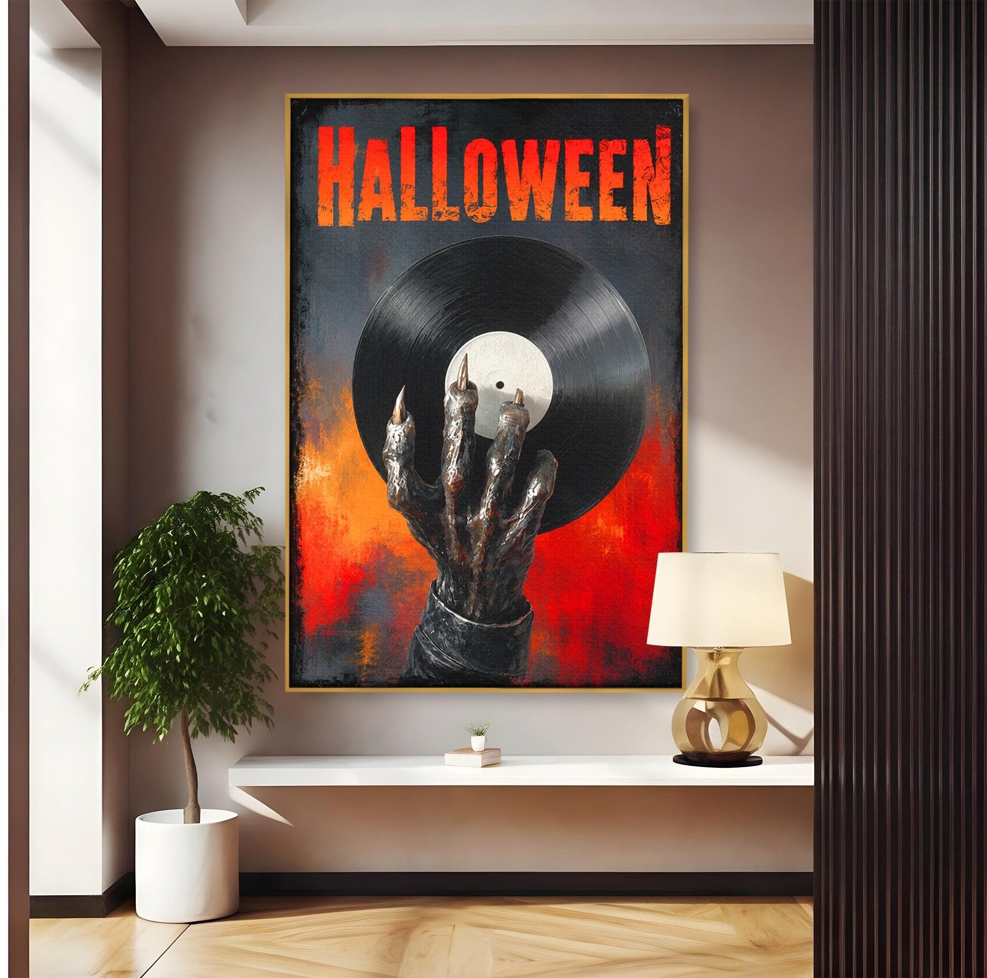 Tablou Canvas Premium LuxCanva® R1038, Mana Demonica Cu Disc Vinil, Mana, Vinil, Demonic, Halloween, Living, Culori Vibrante