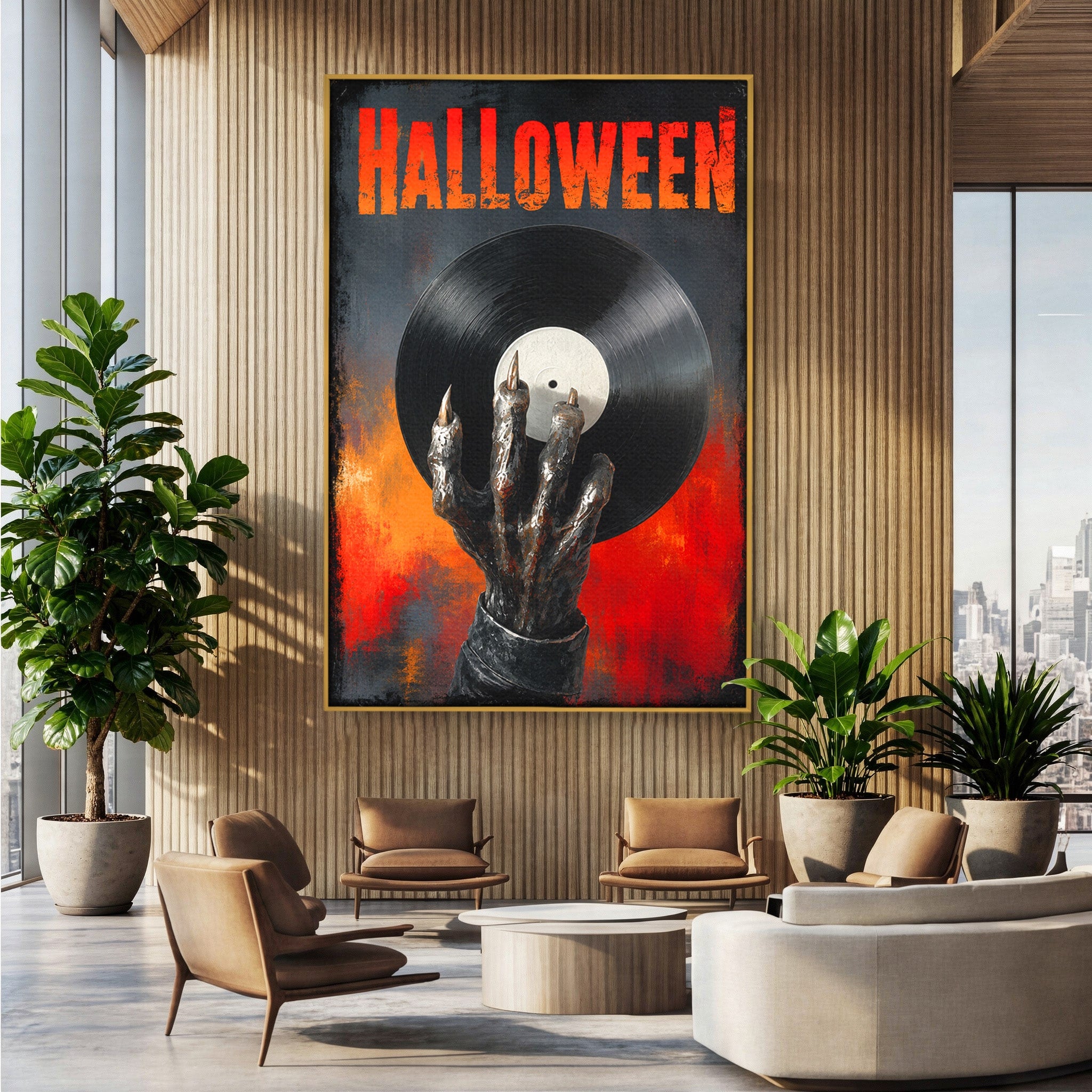 Tablou Canvas Premium LuxCanva® R1038, Mana Demonica Cu Disc Vinil, Mana, Vinil, Demonic, Halloween, Living, Culori Vibrante