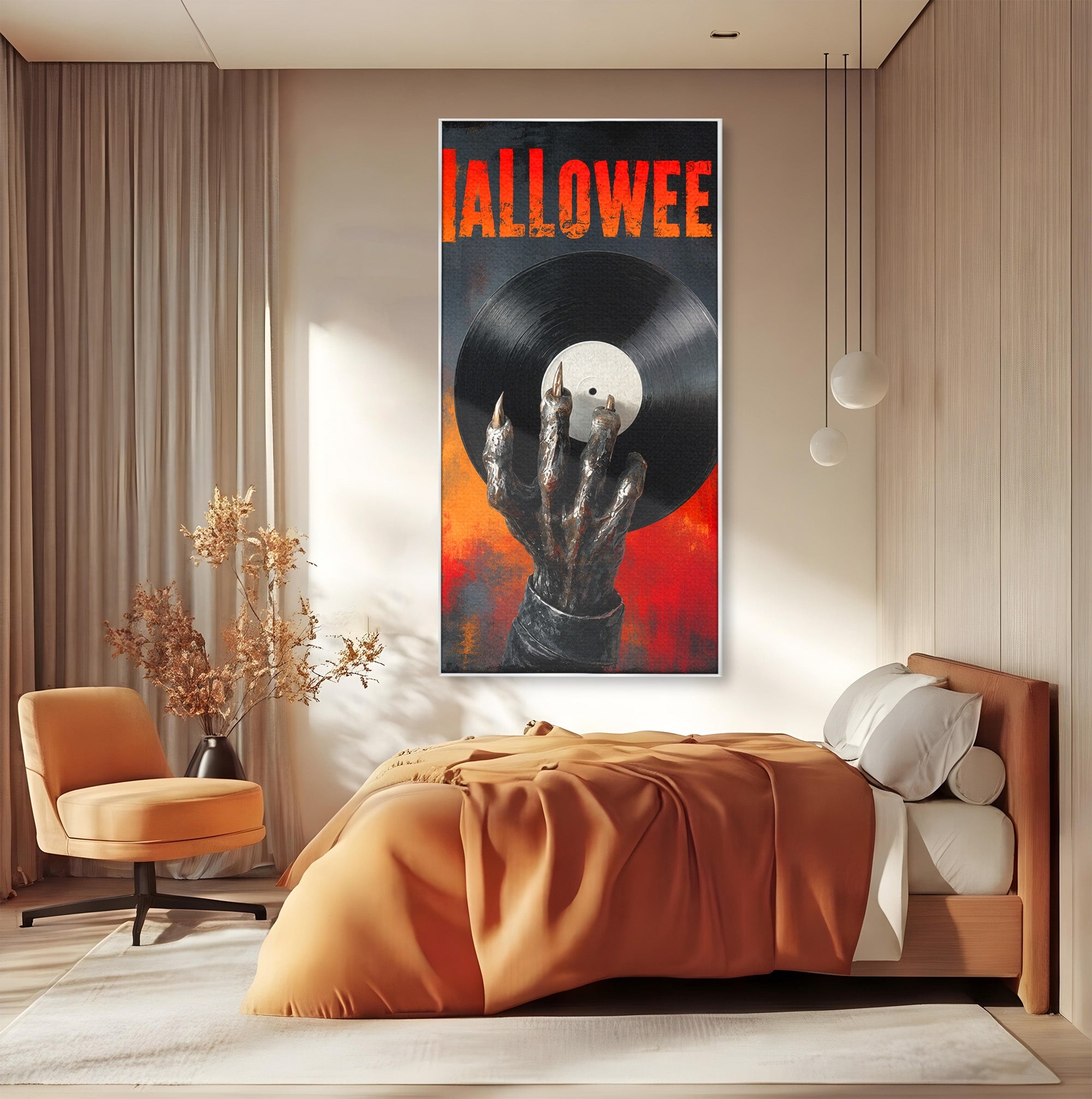 Tablou Canvas Premium LuxCanva® R1038, Mana Demonica Cu Disc Vinil, Mana, Vinil, Demonic, Halloween, Living, Culori Vibrante