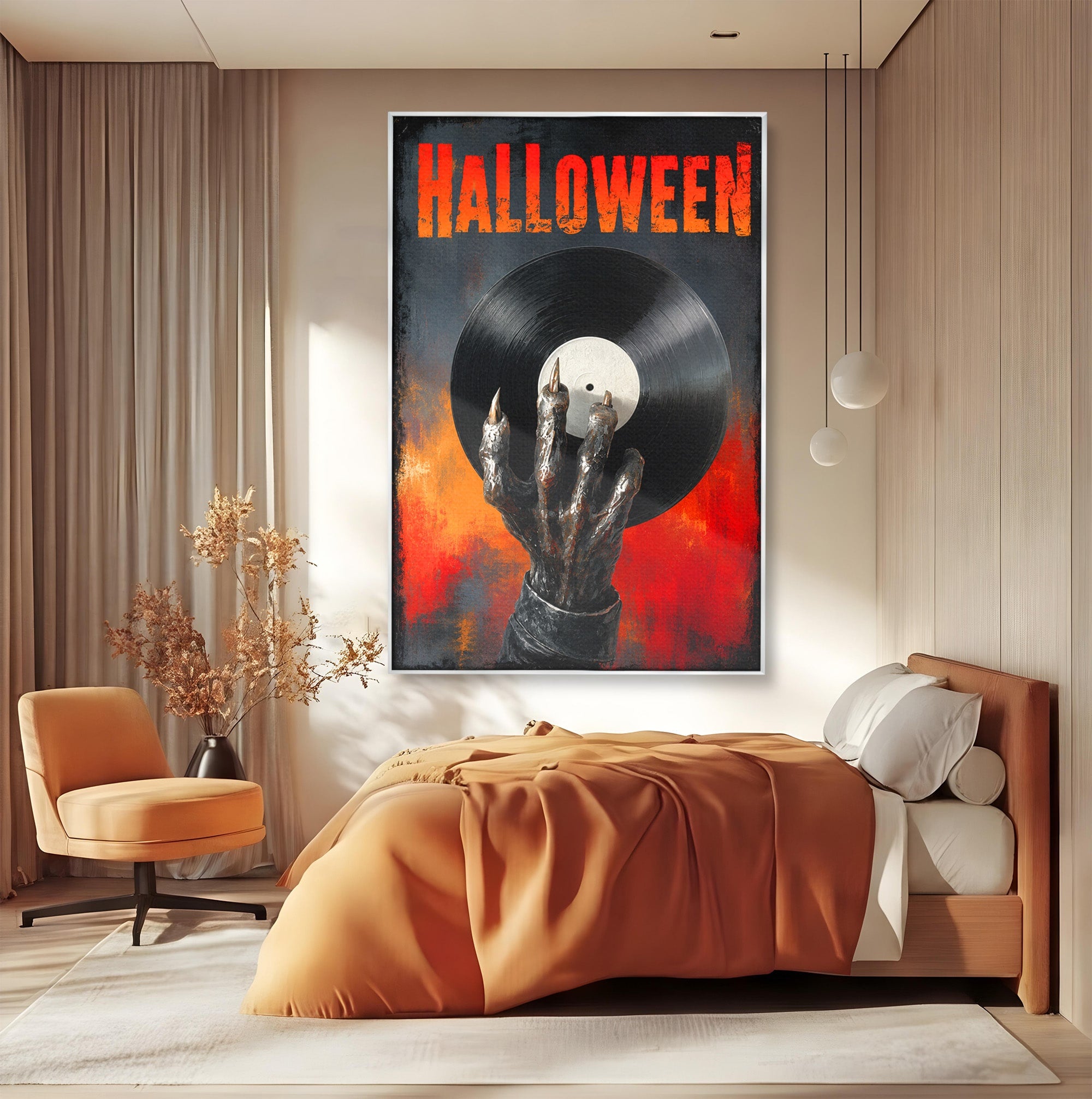 Tablou Canvas Premium LuxCanva® R1038, Mana Demonica Cu Disc Vinil, Mana, Vinil, Demonic, Halloween, Living, Culori Vibrante
