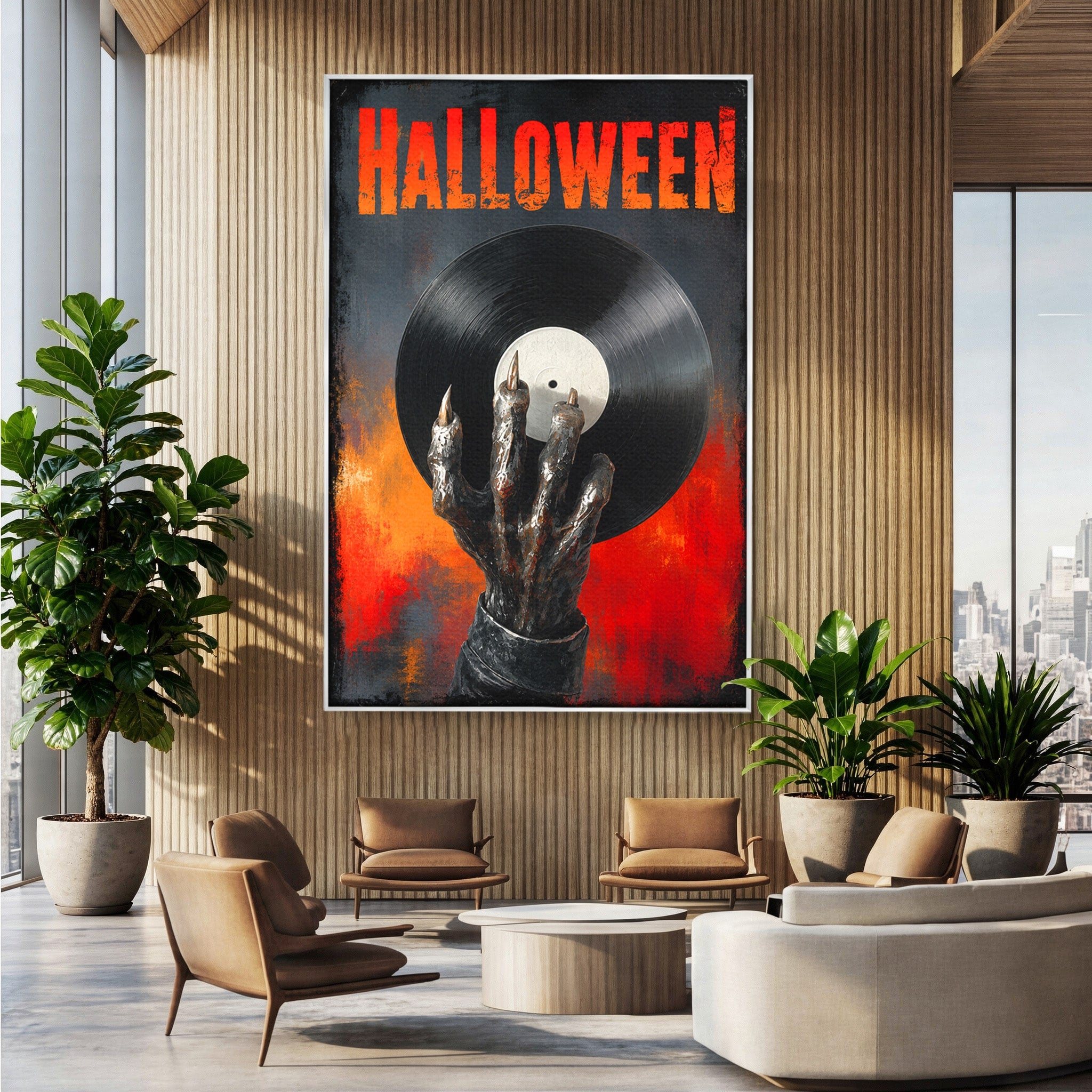 Tablou Canvas Premium LuxCanva® R1038, Mana Demonica Cu Disc Vinil, Mana, Vinil, Demonic, Halloween, Living, Culori Vibrante