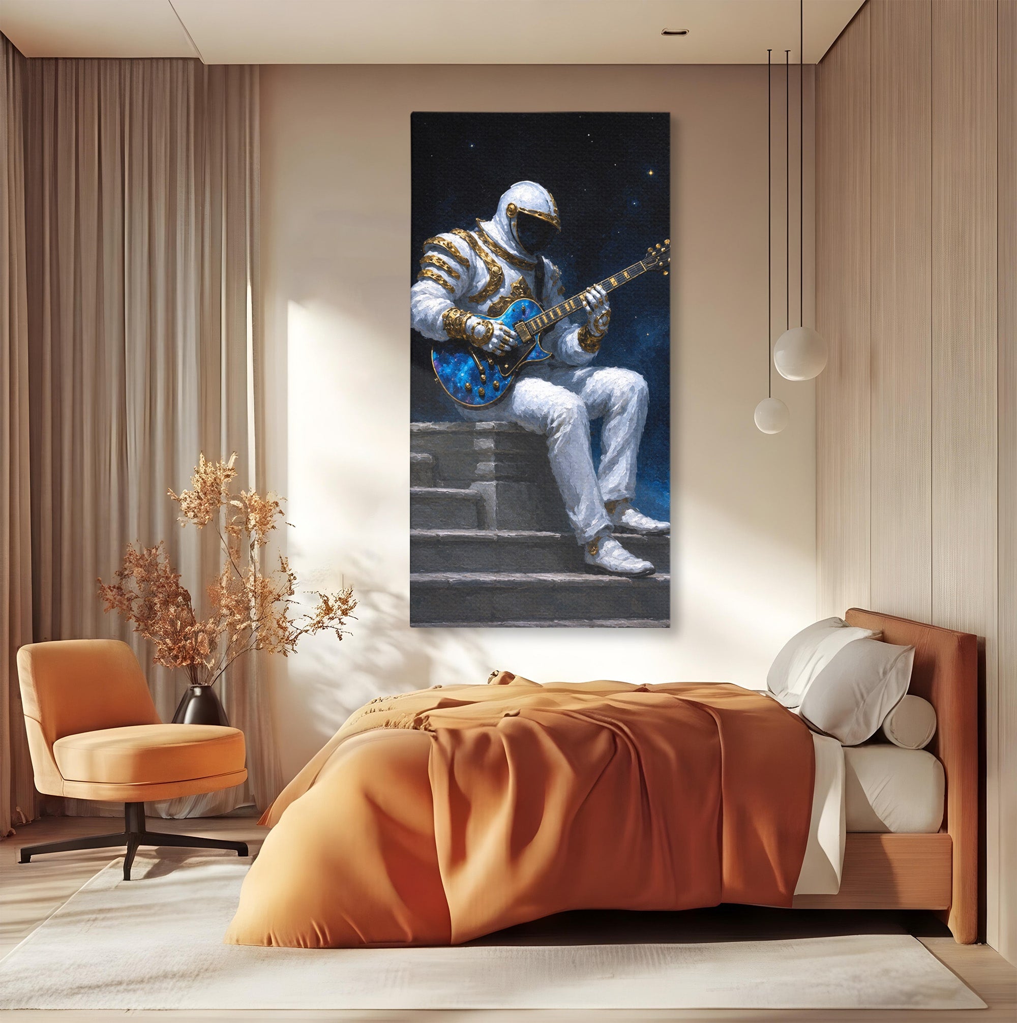 Tablou Canvas Premium LuxCanva® R1039, Astronaut Cu Chitara, Astronaut, Chitara, Spatiu, Arta Contemporana, Birou, Culori Vibrante