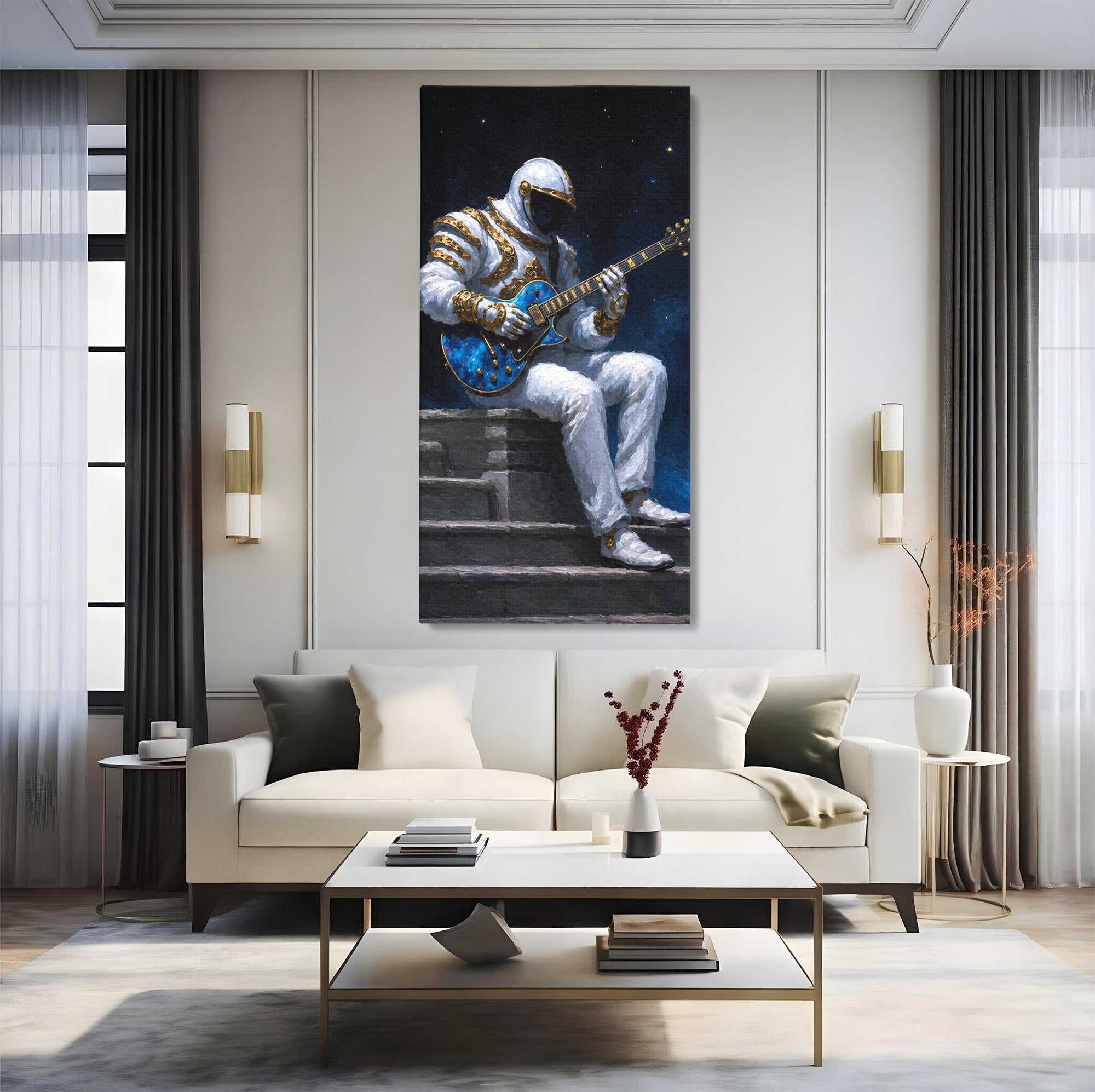 Tablou Canvas Premium LuxCanva® R1039, Astronaut Cu Chitara, Astronaut, Chitara, Spatiu, Arta Contemporana, Birou, Culori Vibrante