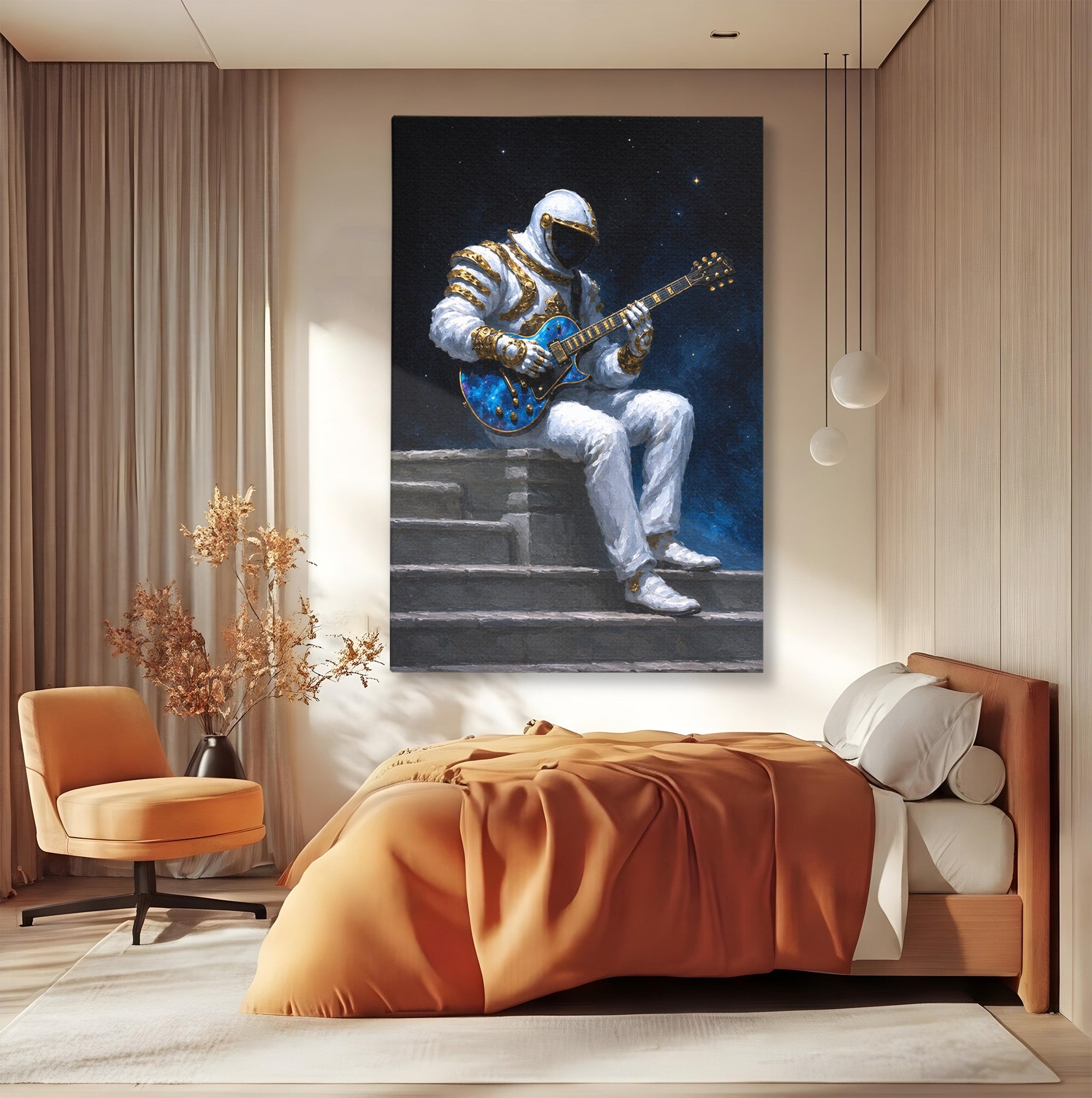 Tablou Canvas Premium LuxCanva® R1039, Astronaut Cu Chitara, Astronaut, Chitara, Spatiu, Arta Contemporana, Birou, Culori Vibrante