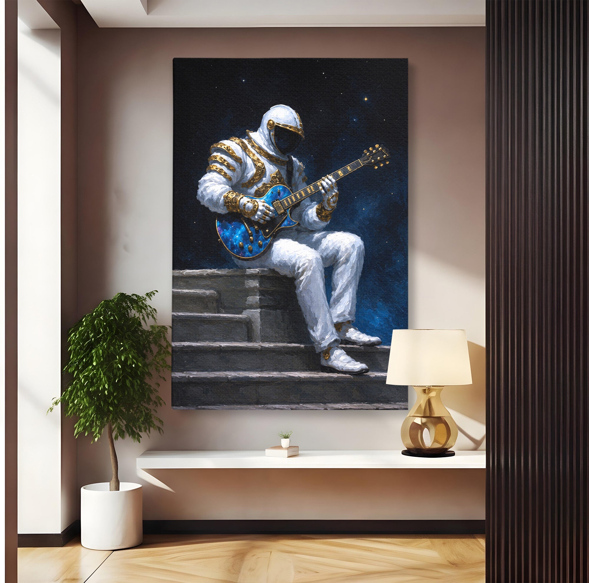 Tablou Canvas Premium LuxCanva® R1039, Astronaut Cu Chitara, Astronaut, Chitara, Spatiu, Arta Contemporana, Birou, Culori Vibrante
