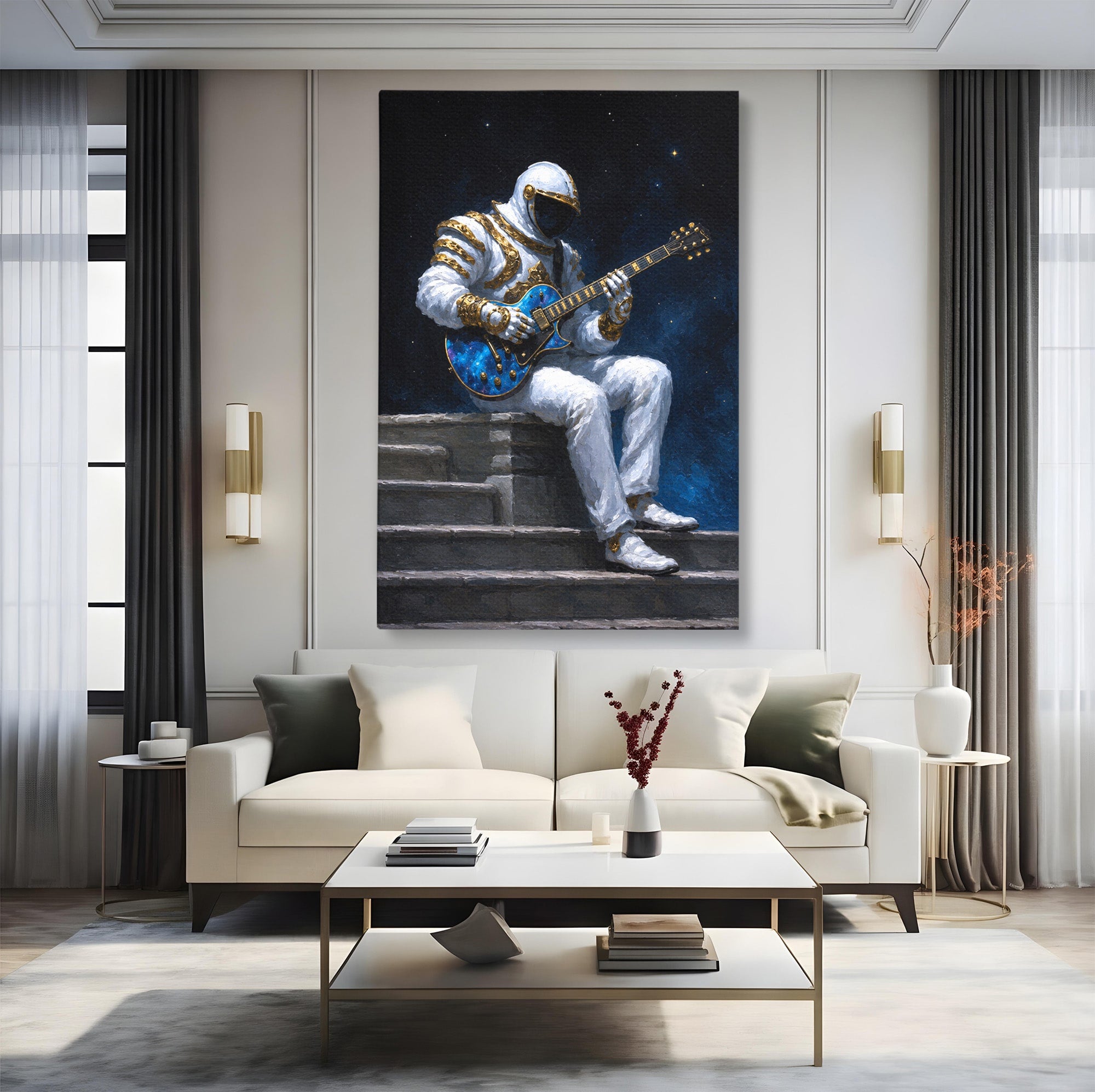 Tablou Canvas Premium LuxCanva® R1039, Astronaut Cu Chitara, Astronaut, Chitara, Spatiu, Arta Contemporana, Birou, Culori Vibrante
