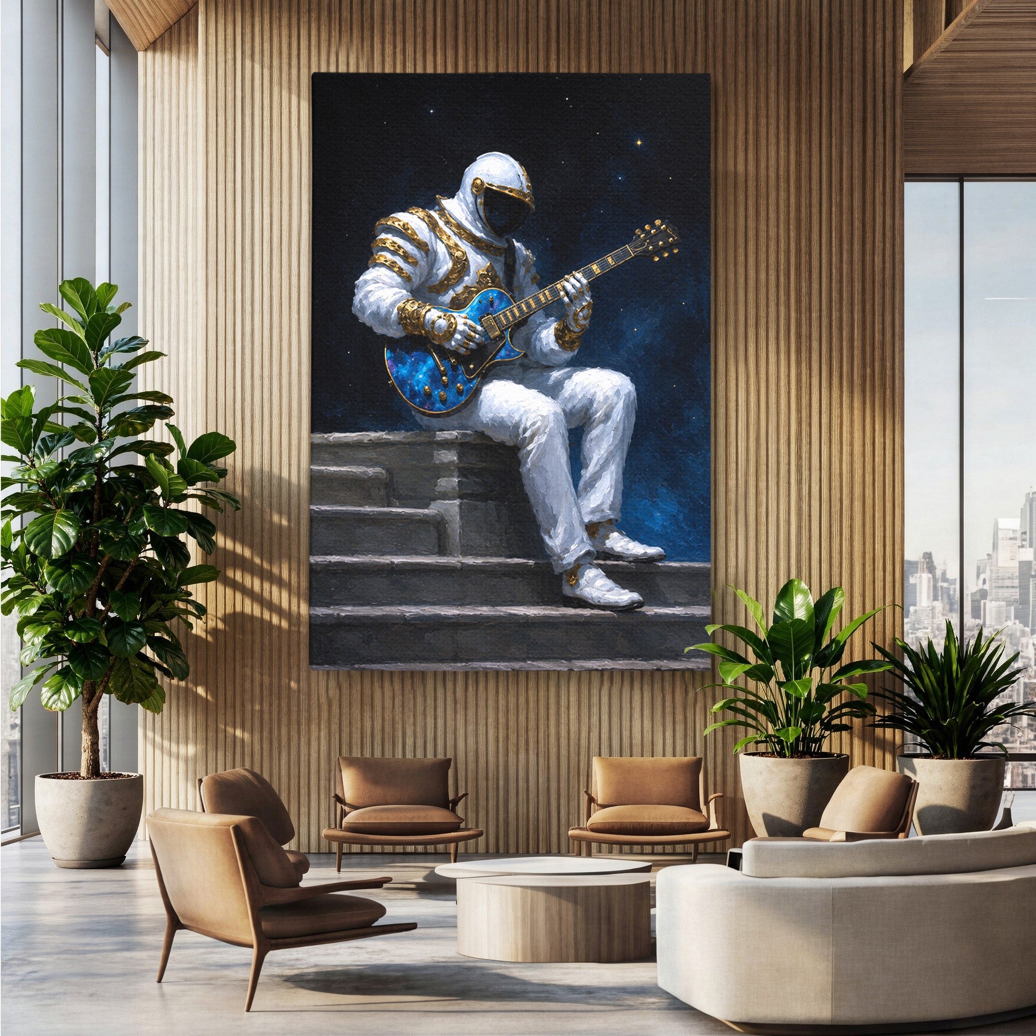 Tablou Canvas Premium LuxCanva® R1039, Astronaut Cu Chitara, Astronaut, Chitara, Spatiu, Arta Contemporana, Birou, Culori Vibrante