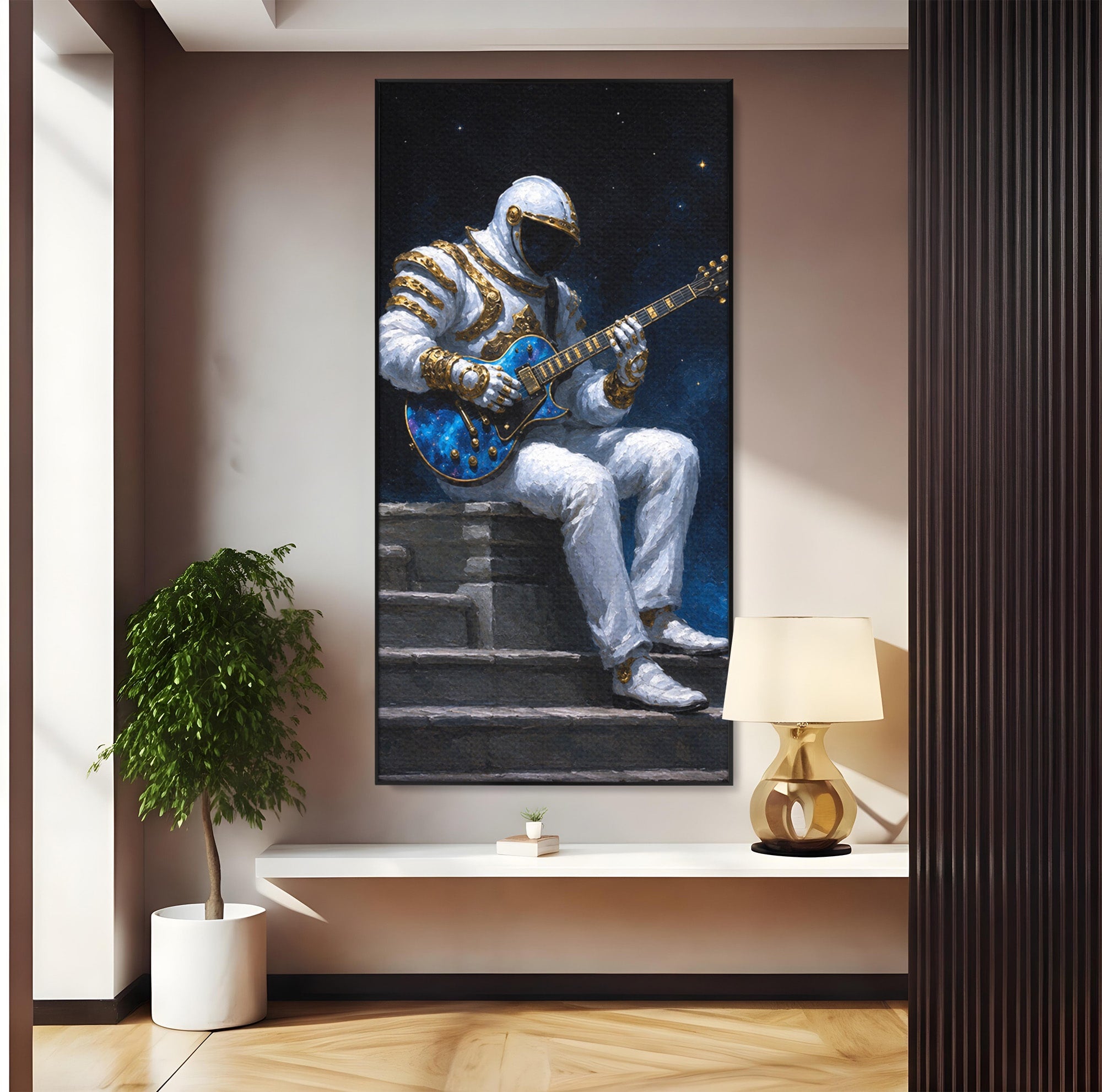 Tablou Canvas Premium LuxCanva® R1039, Astronaut Cu Chitara, Astronaut, Chitara, Spatiu, Arta Contemporana, Birou, Culori Vibrante