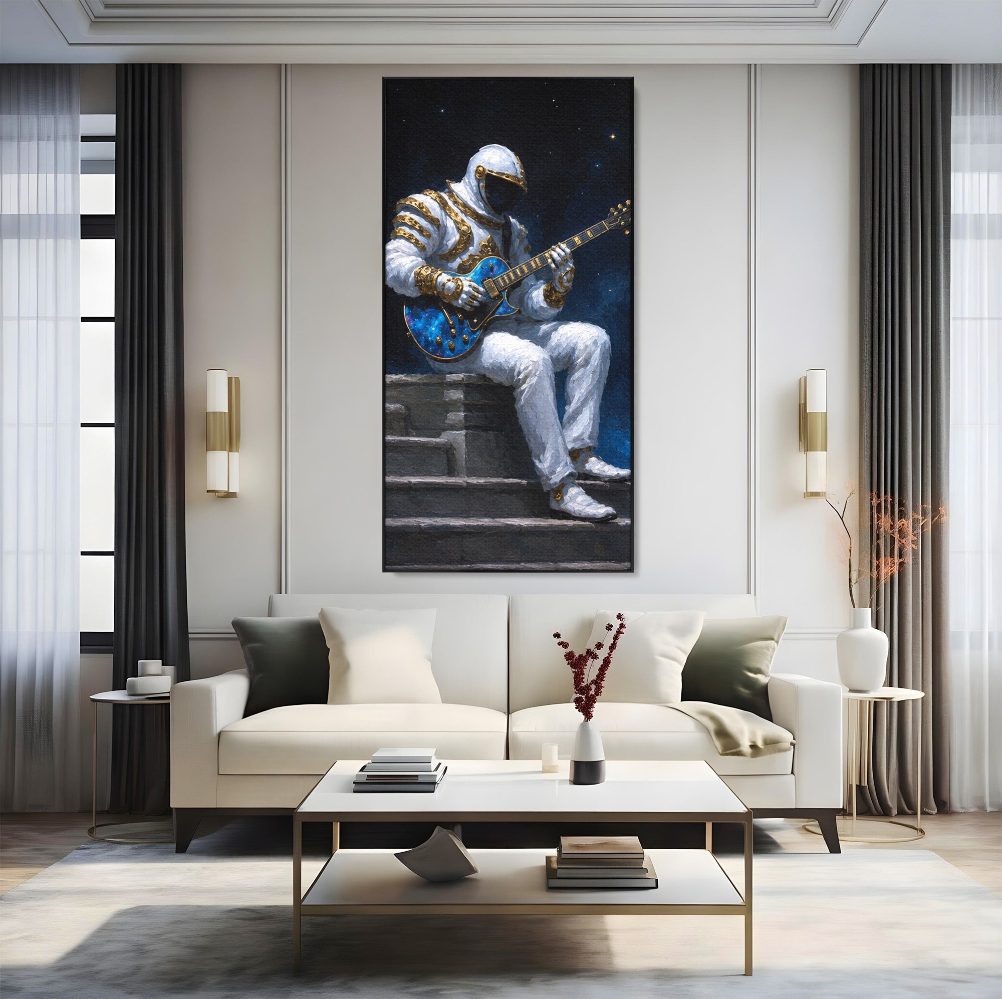 Tablou Canvas Premium LuxCanva® R1039, Astronaut Cu Chitara, Astronaut, Chitara, Spatiu, Arta Contemporana, Birou, Culori Vibrante
