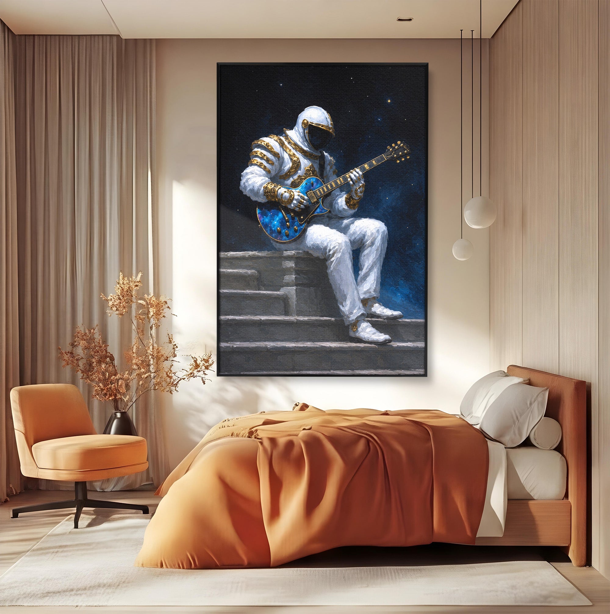 Tablou Canvas Premium LuxCanva® R1039, Astronaut Cu Chitara, Astronaut, Chitara, Spatiu, Arta Contemporana, Birou, Culori Vibrante