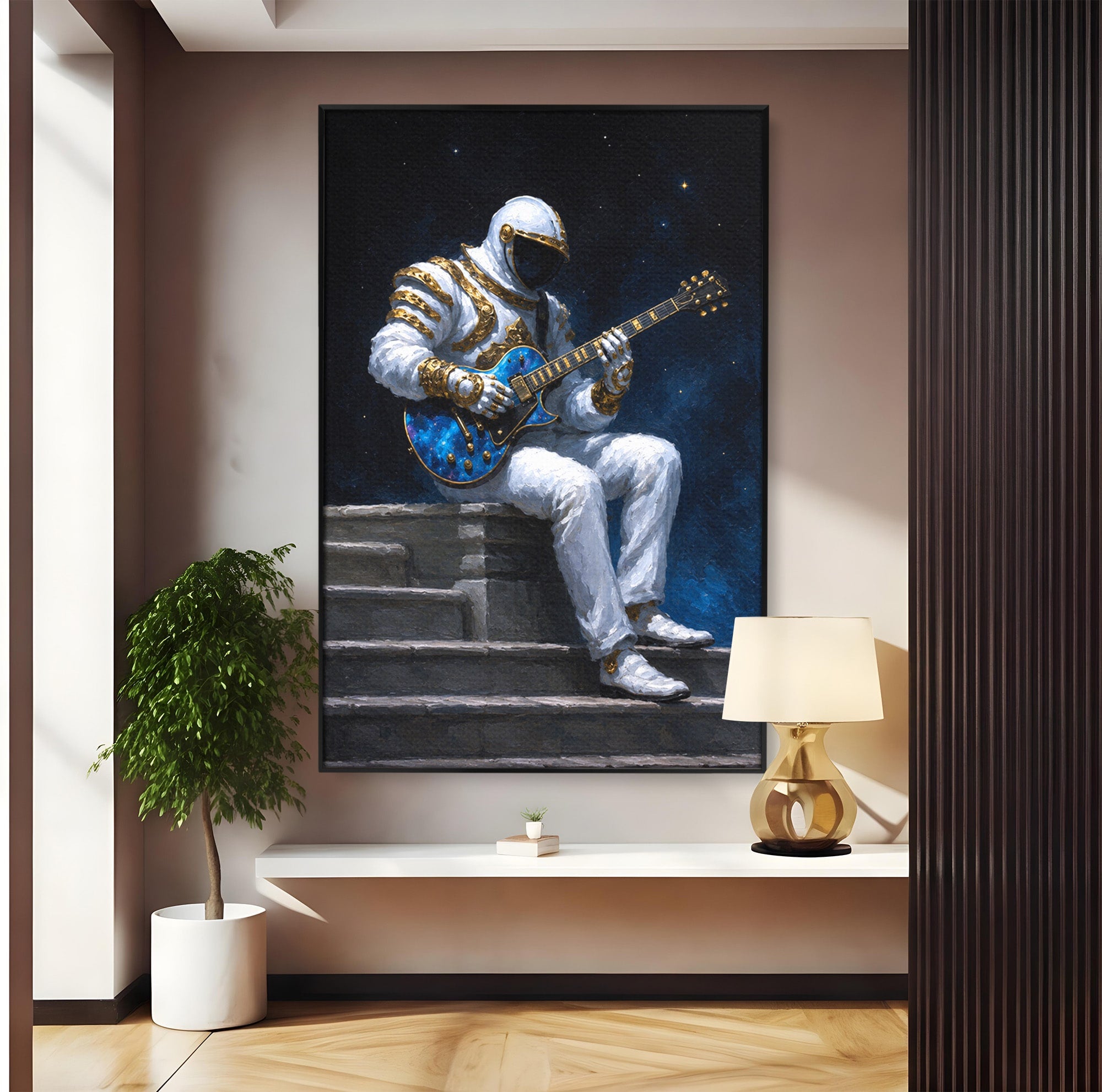 Tablou Canvas Premium LuxCanva® R1039, Astronaut Cu Chitara, Astronaut, Chitara, Spatiu, Arta Contemporana, Birou, Culori Vibrante