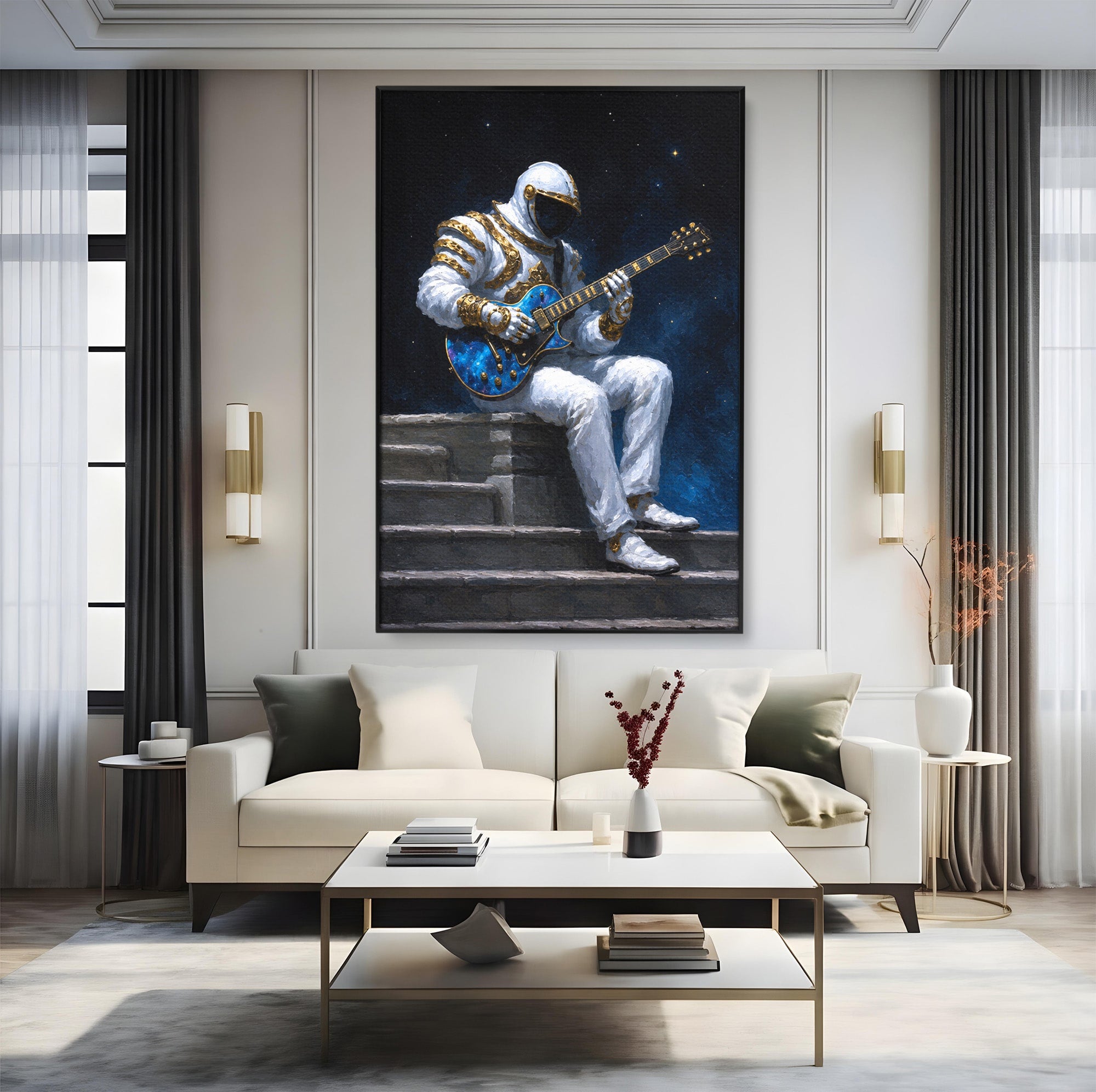 Tablou Canvas Premium LuxCanva® R1039, Astronaut Cu Chitara, Astronaut, Chitara, Spatiu, Arta Contemporana, Birou, Culori Vibrante