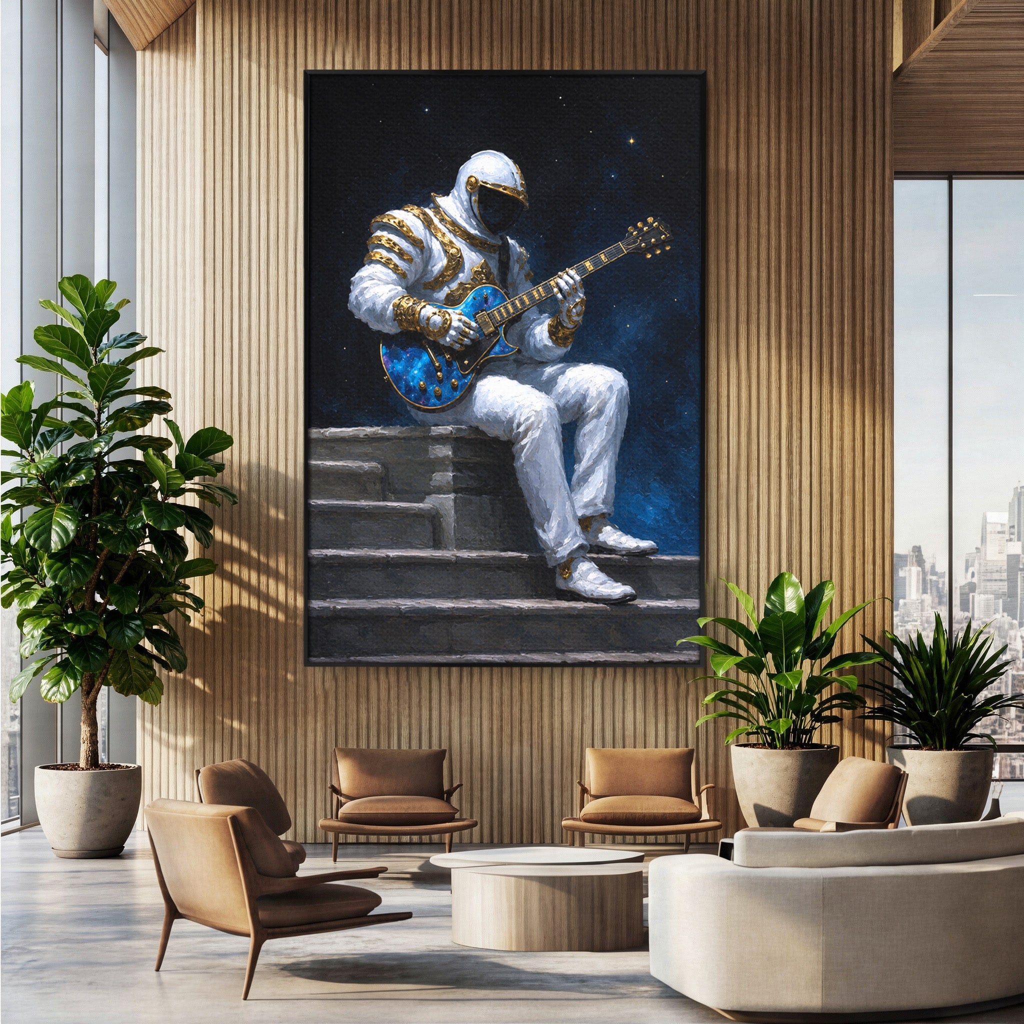 Tablou Canvas Premium LuxCanva® R1039, Astronaut Cu Chitara, Astronaut, Chitara, Spatiu, Arta Contemporana, Birou, Culori Vibrante
