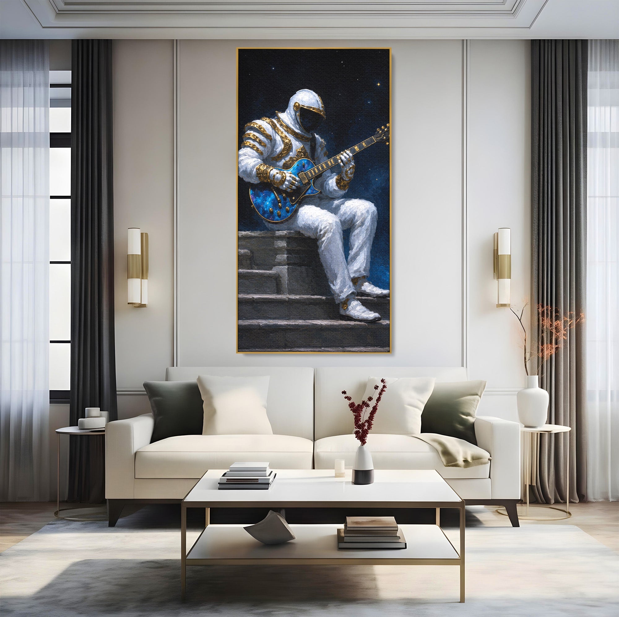 Tablou Canvas Premium LuxCanva® R1039, Astronaut Cu Chitara, Astronaut, Chitara, Spatiu, Arta Contemporana, Birou, Culori Vibrante