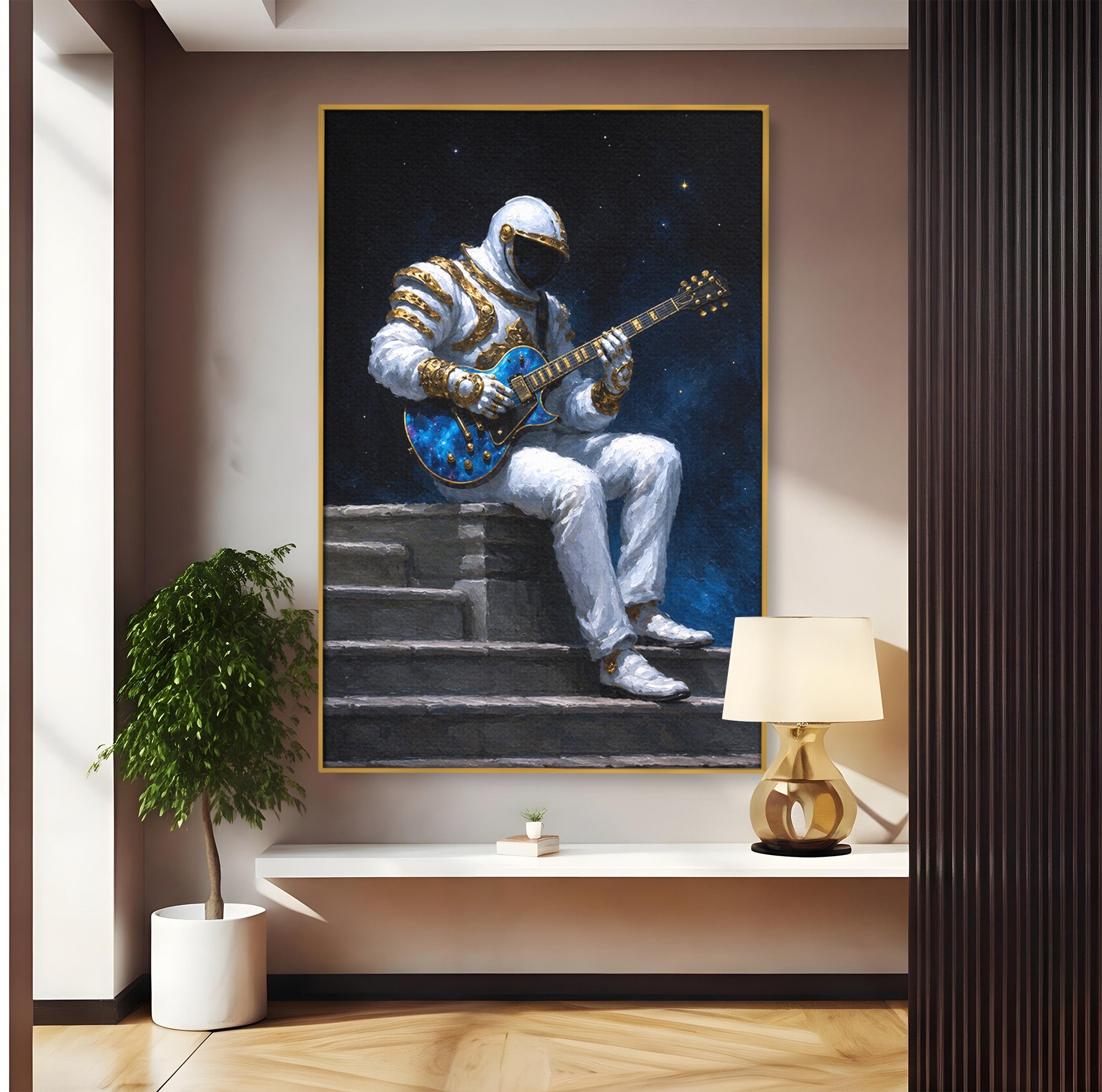 Tablou Canvas Premium LuxCanva® R1039, Astronaut Cu Chitara, Astronaut, Chitara, Spatiu, Arta Contemporana, Birou, Culori Vibrante