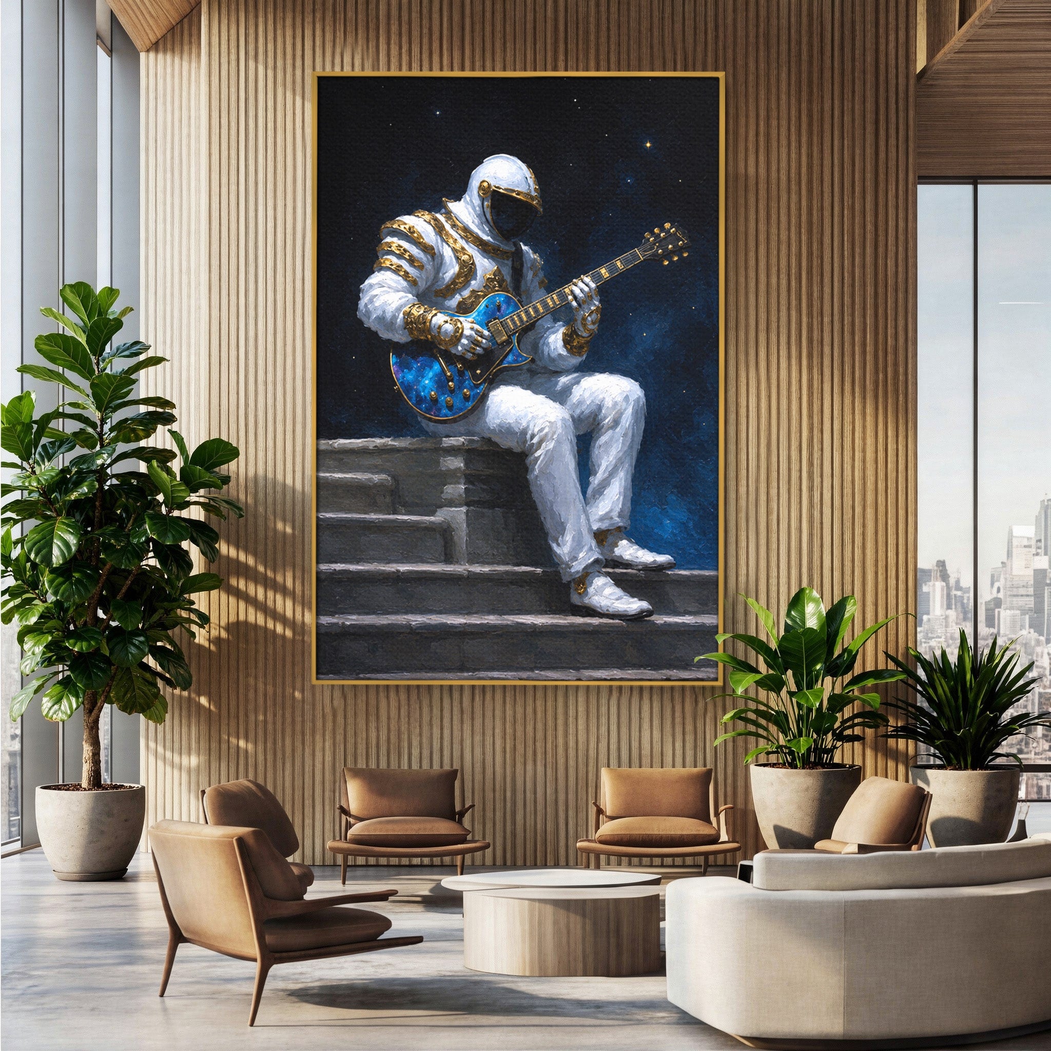 Tablou Canvas Premium LuxCanva® R1039, Astronaut Cu Chitara, Astronaut, Chitara, Spatiu, Arta Contemporana, Birou, Culori Vibrante