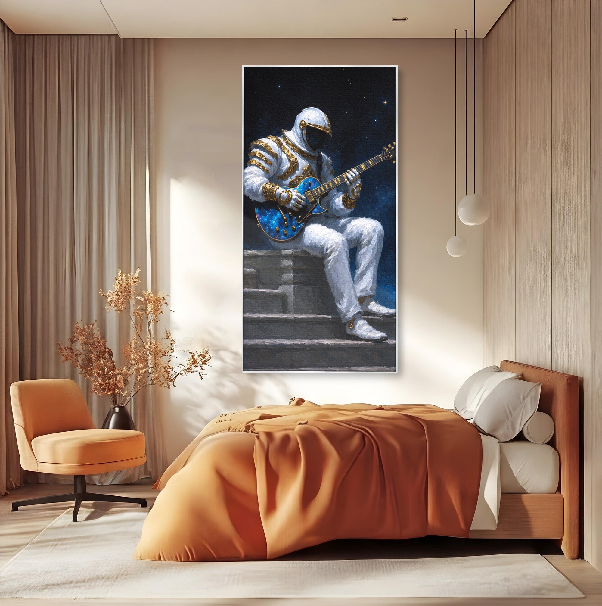 Tablou Canvas Premium LuxCanva® R1039, Astronaut Cu Chitara, Astronaut, Chitara, Spatiu, Arta Contemporana, Birou, Culori Vibrante