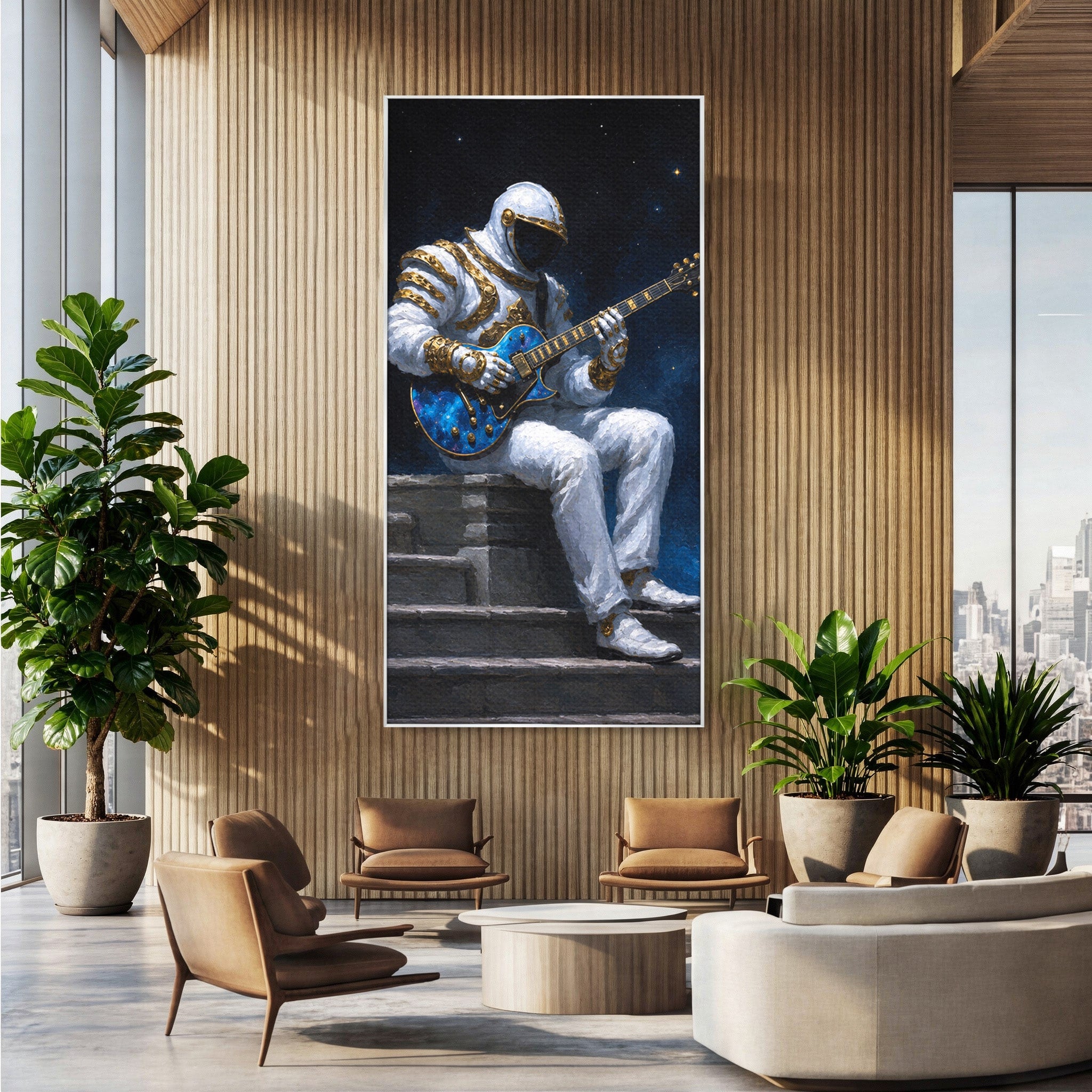 Tablou Canvas Premium LuxCanva® R1039, Astronaut Cu Chitara, Astronaut, Chitara, Spatiu, Arta Contemporana, Birou, Culori Vibrante