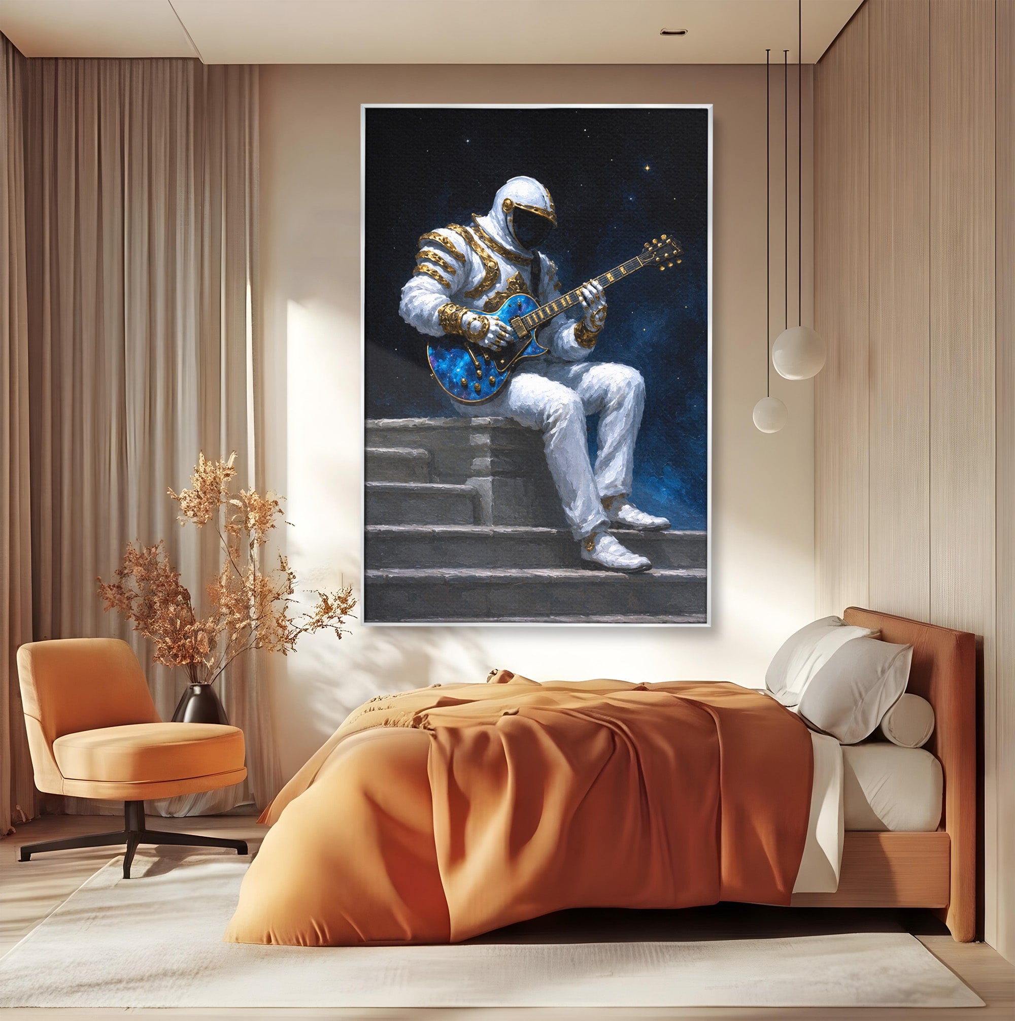 Tablou Canvas Premium LuxCanva® R1039, Astronaut Cu Chitara, Astronaut, Chitara, Spatiu, Arta Contemporana, Birou, Culori Vibrante