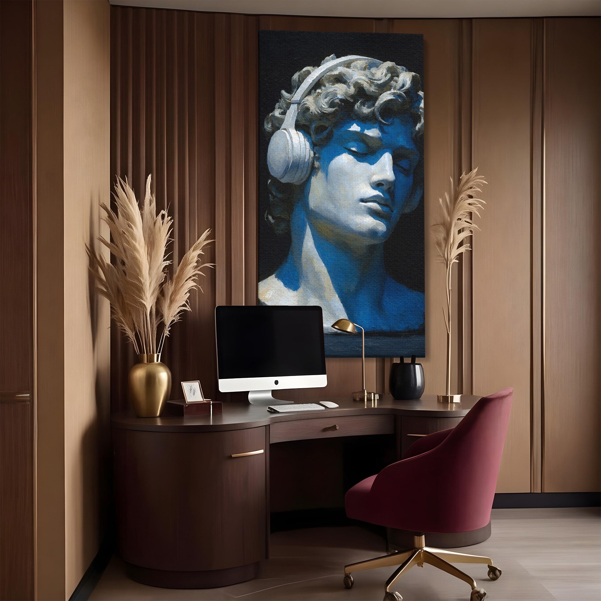 Tablou Canvas Premium LuxCanva® R1040, Statue Cu Casti, Statue, Arta Clasica, Muzica, Contemporan, Birou, Culori Vibrante