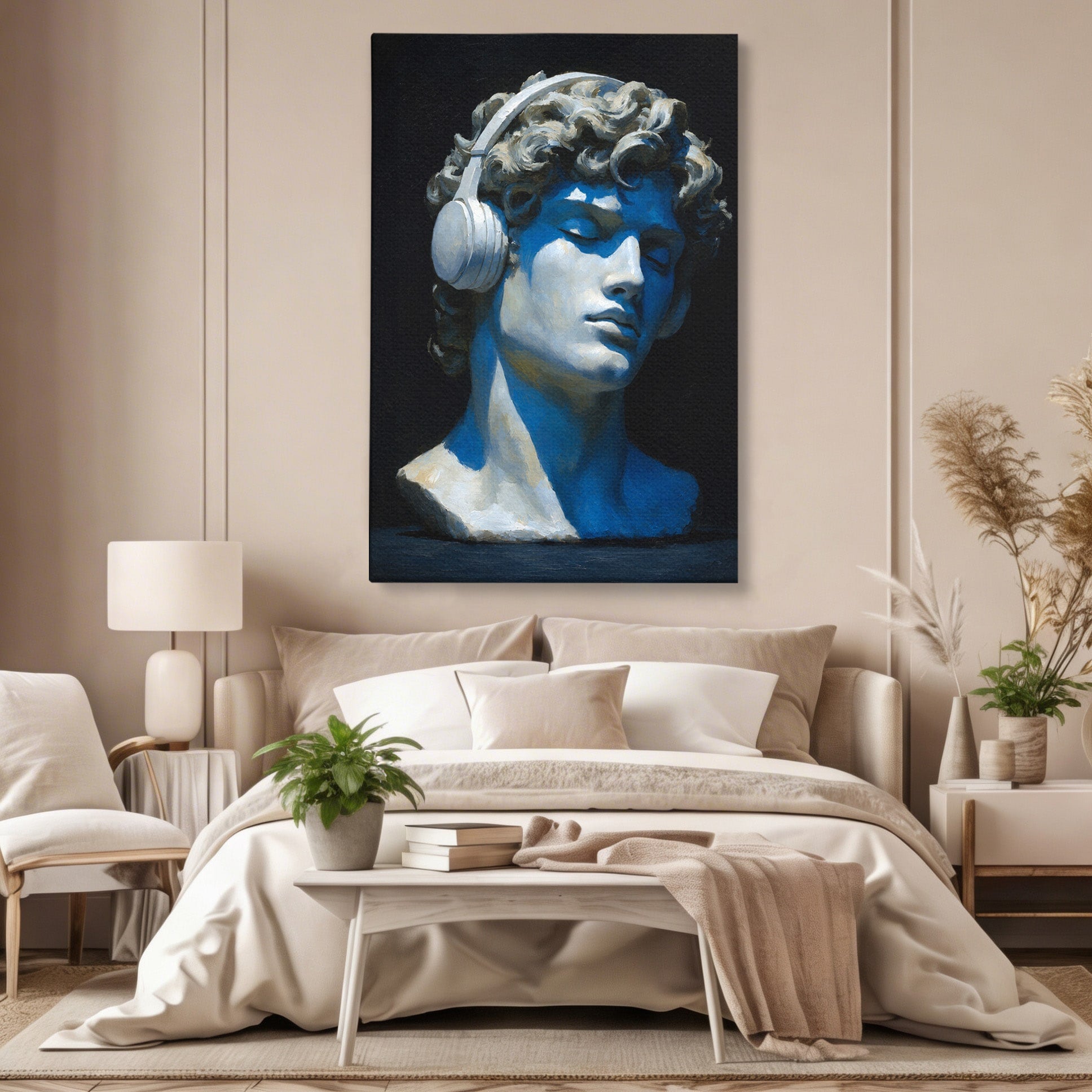 Tablou Canvas Premium LuxCanva® R1040, Statue Cu Casti, Statue, Arta Clasica, Muzica, Contemporan, Birou, Culori Vibrante