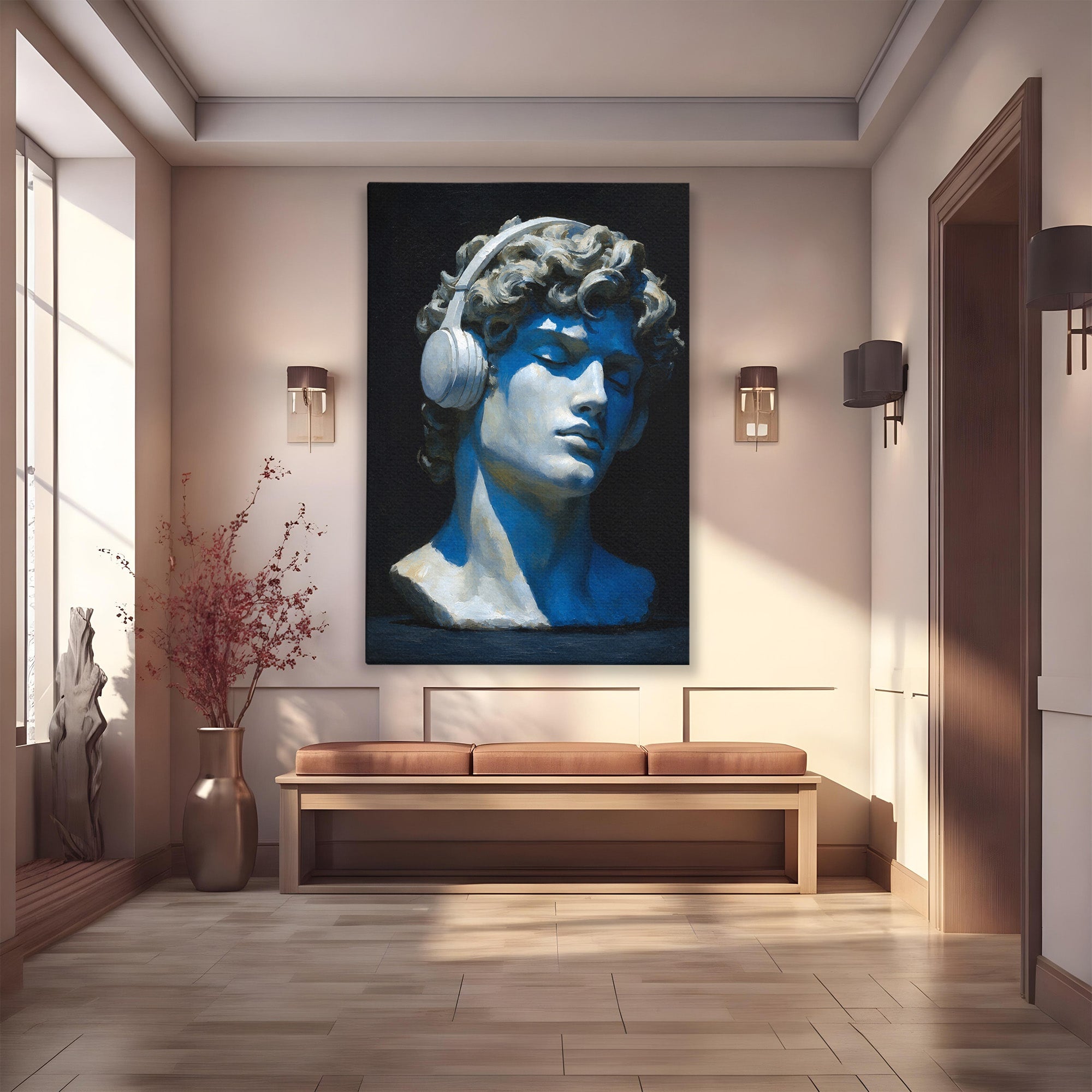 Tablou Canvas Premium LuxCanva® R1040, Statue Cu Casti, Statue, Arta Clasica, Muzica, Contemporan, Birou, Culori Vibrante