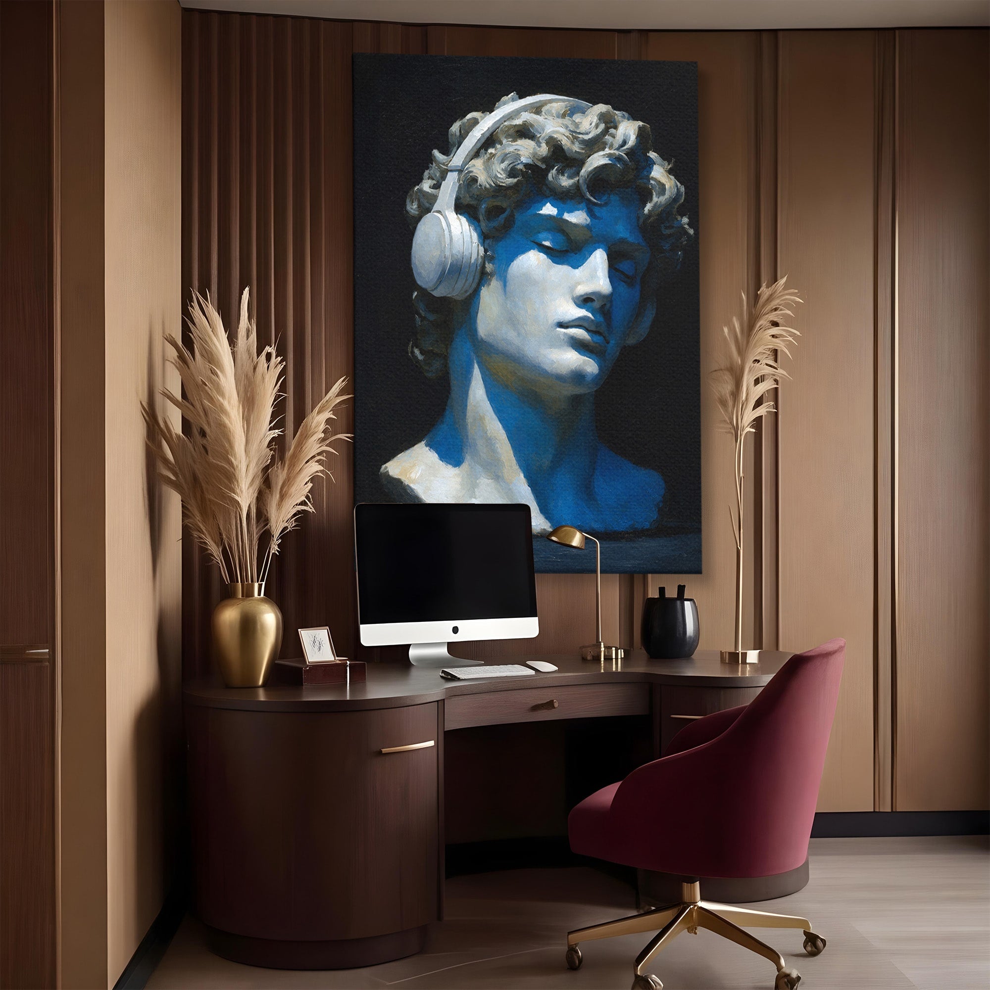Tablou Canvas Premium LuxCanva® R1040, Statue Cu Casti, Statue, Arta Clasica, Muzica, Contemporan, Birou, Culori Vibrante