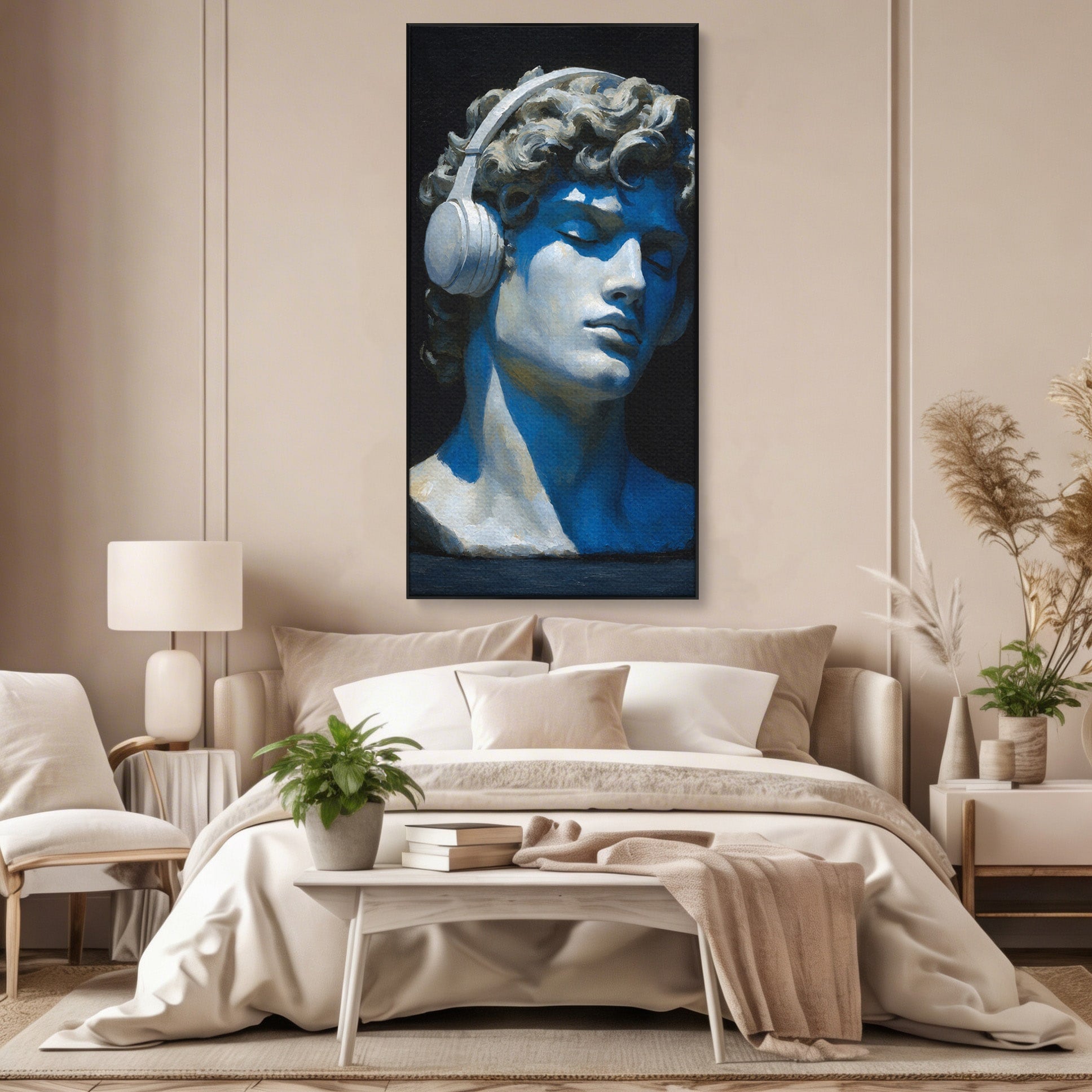 Tablou Canvas Premium LuxCanva® R1040, Statue Cu Casti, Statue, Arta Clasica, Muzica, Contemporan, Birou, Culori Vibrante