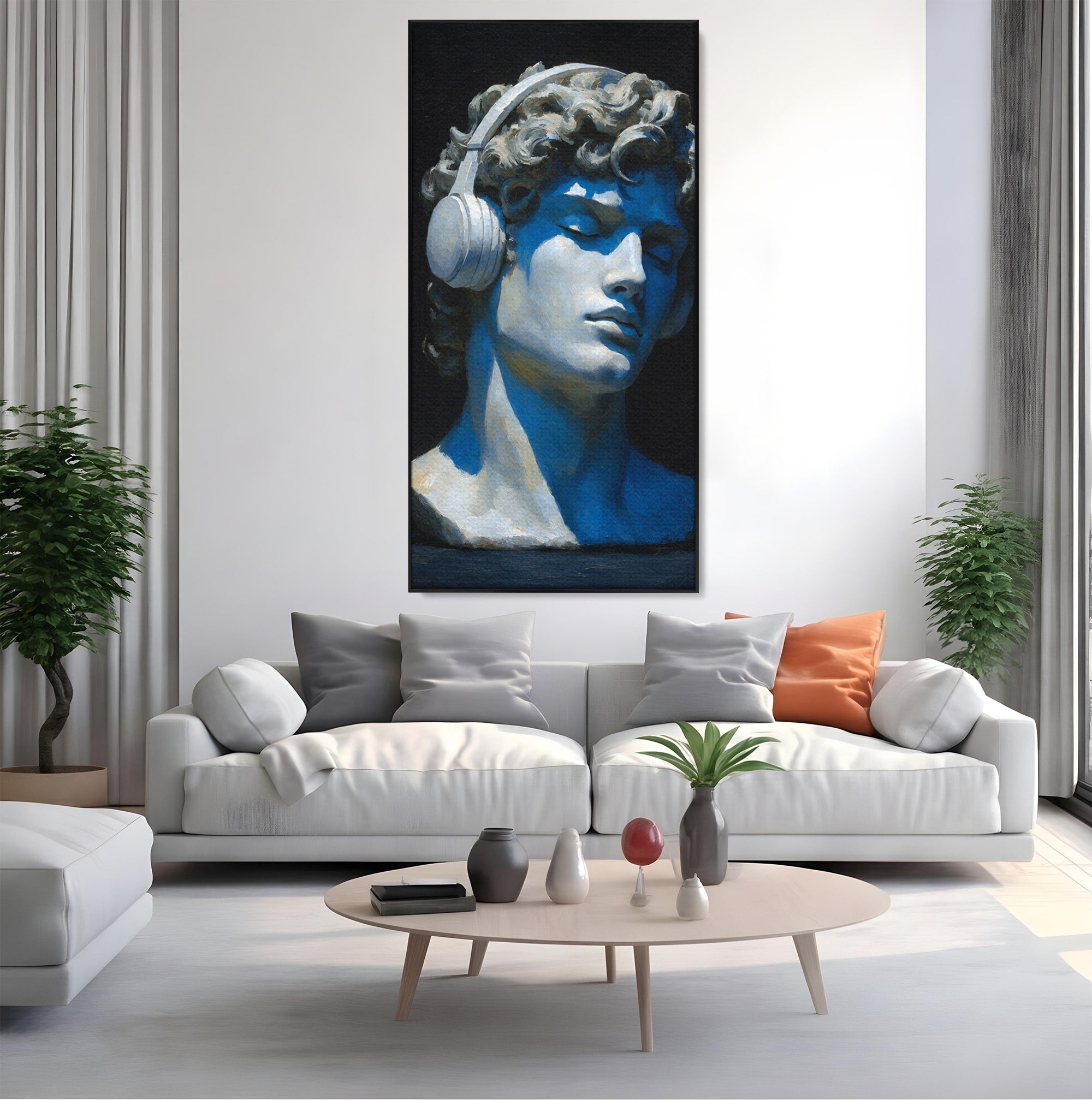 Tablou Canvas Premium LuxCanva® R1040, Statue Cu Casti, Statue, Arta Clasica, Muzica, Contemporan, Birou, Culori Vibrante