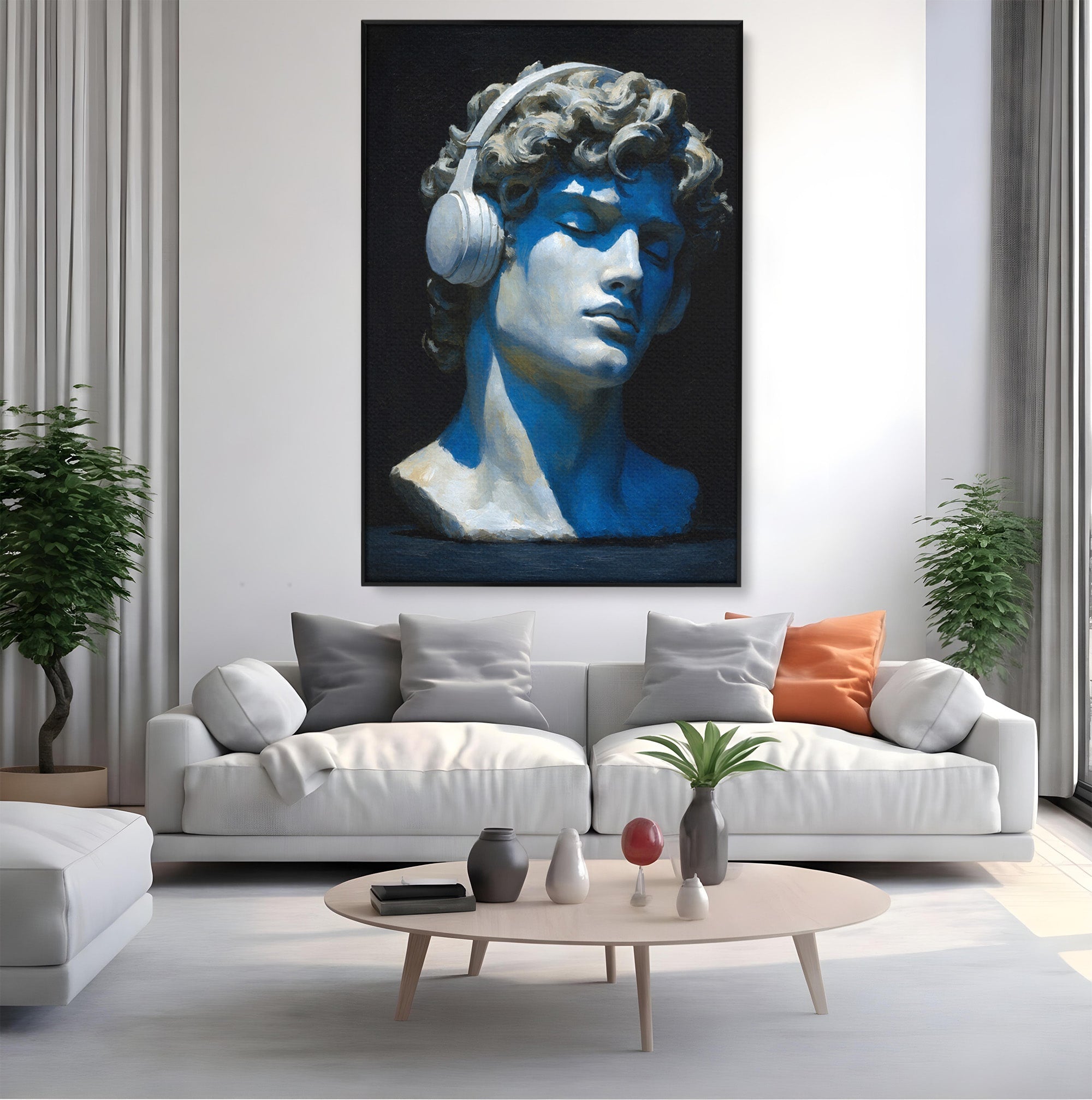 Tablou Canvas Premium LuxCanva® R1040, Statue Cu Casti, Statue, Arta Clasica, Muzica, Contemporan, Birou, Culori Vibrante