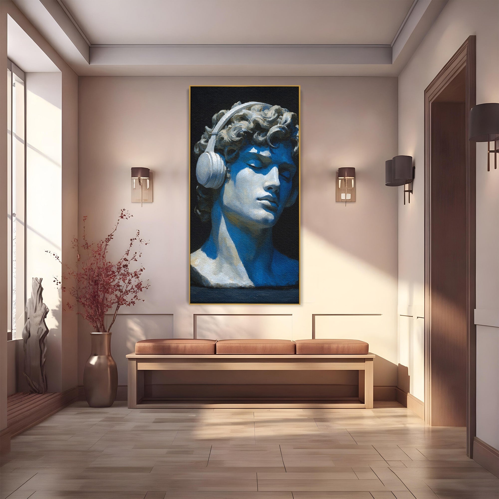 Tablou Canvas Premium LuxCanva® R1040, Statue Cu Casti, Statue, Arta Clasica, Muzica, Contemporan, Birou, Culori Vibrante