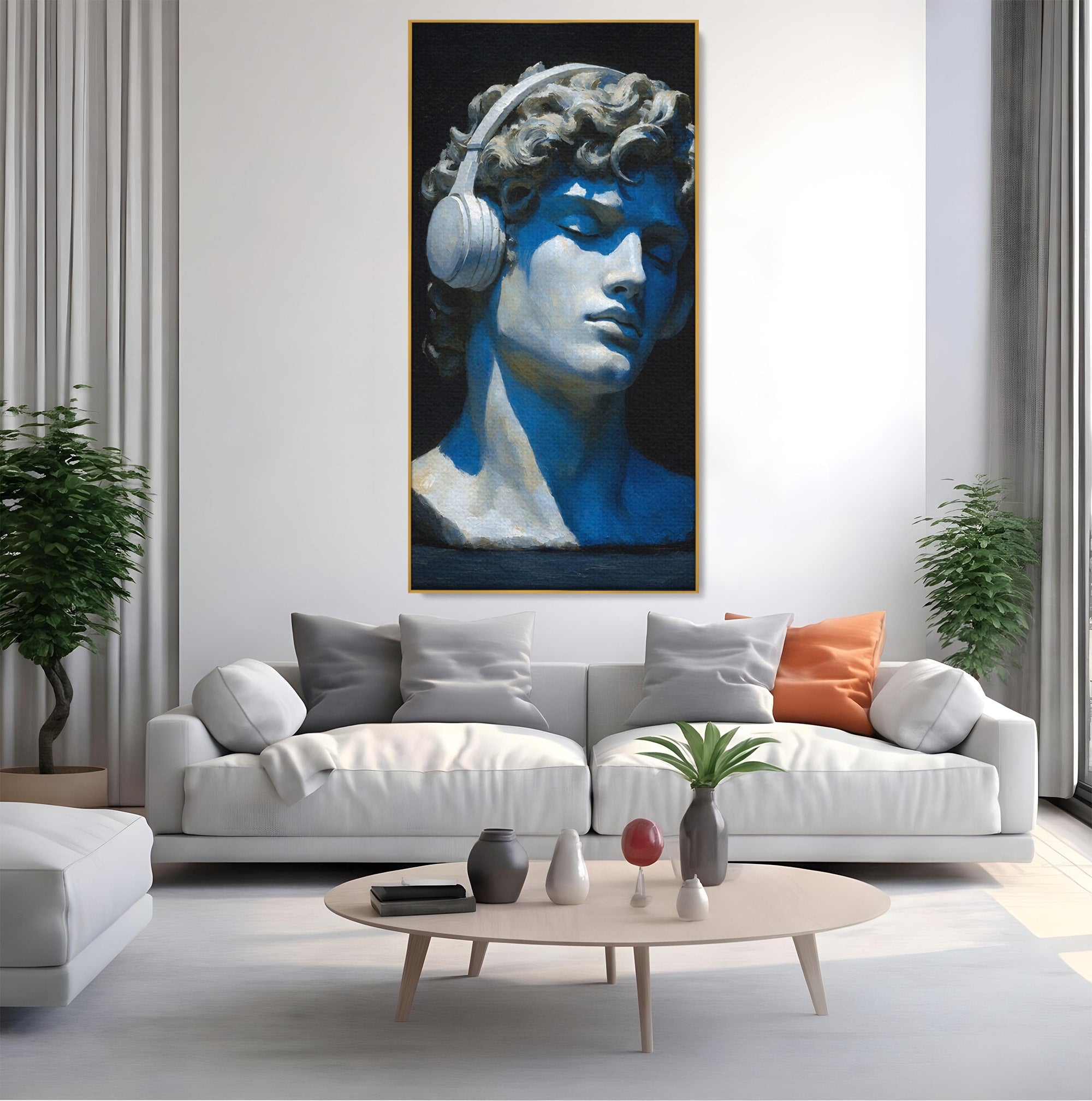 Tablou Canvas Premium LuxCanva® R1040, Statue Cu Casti, Statue, Arta Clasica, Muzica, Contemporan, Birou, Culori Vibrante