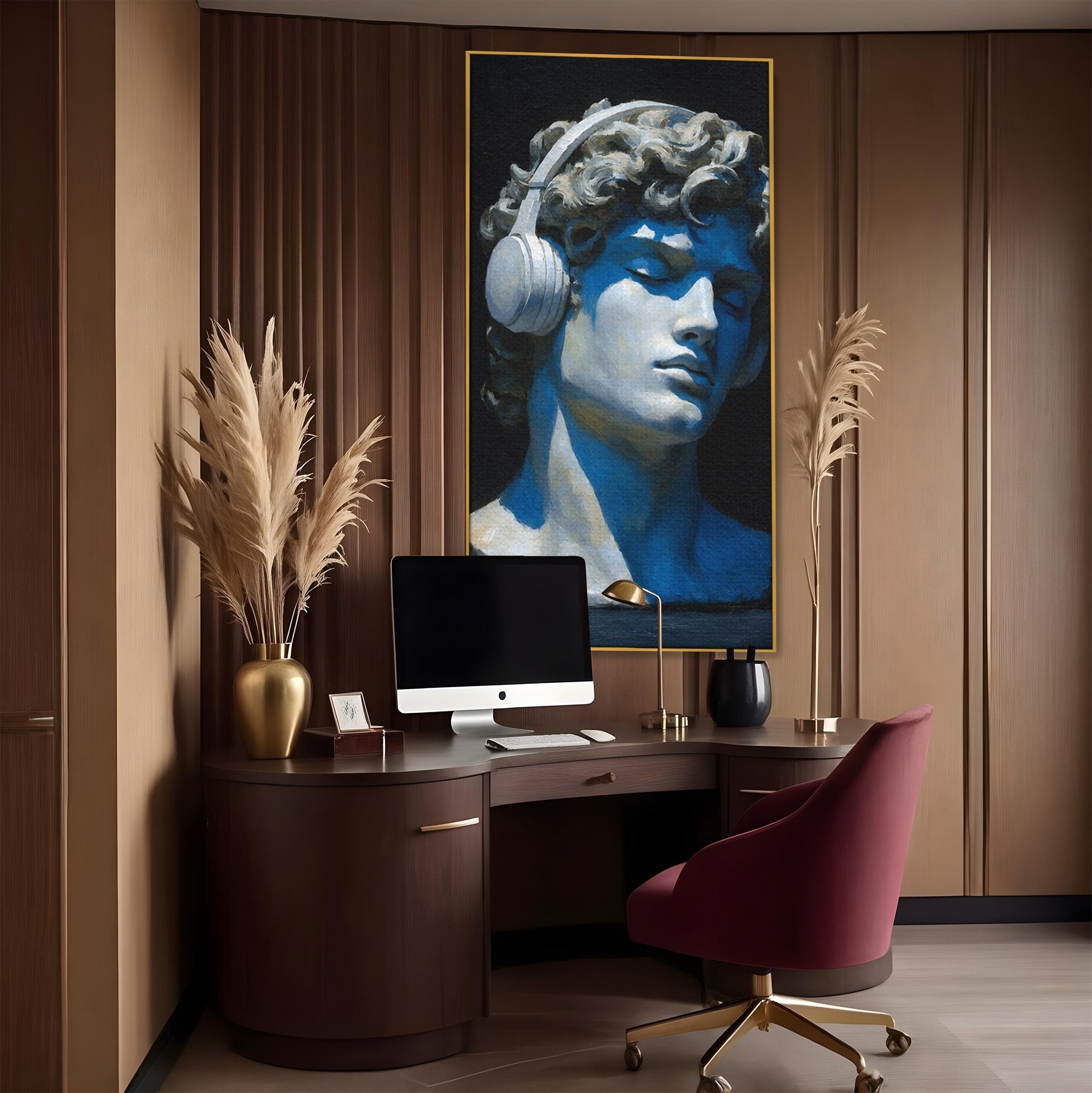 Tablou Canvas Premium LuxCanva® R1040, Statue Cu Casti, Statue, Arta Clasica, Muzica, Contemporan, Birou, Culori Vibrante