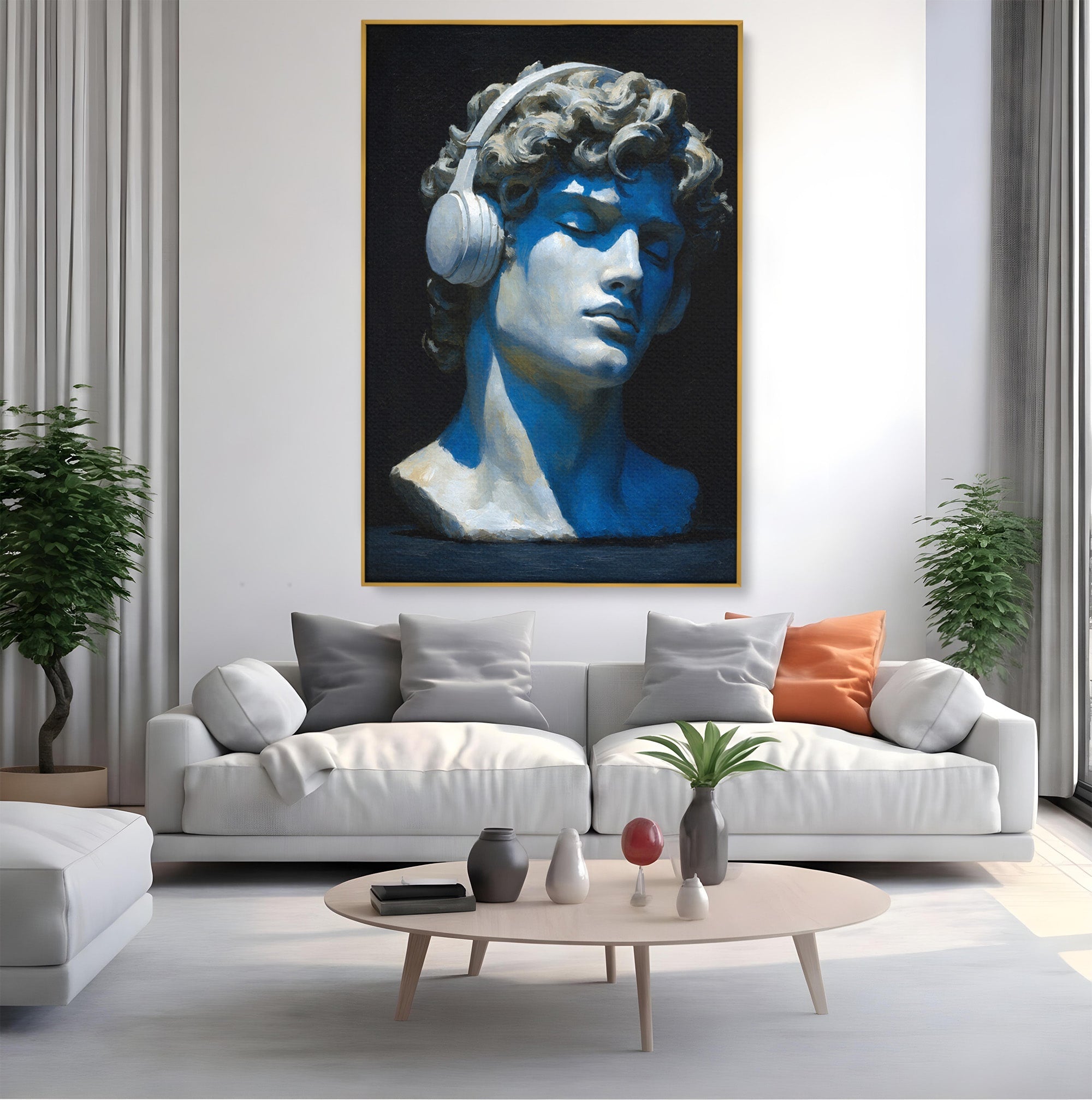 Tablou Canvas Premium LuxCanva® R1040, Statue Cu Casti, Statue, Arta Clasica, Muzica, Contemporan, Birou, Culori Vibrante