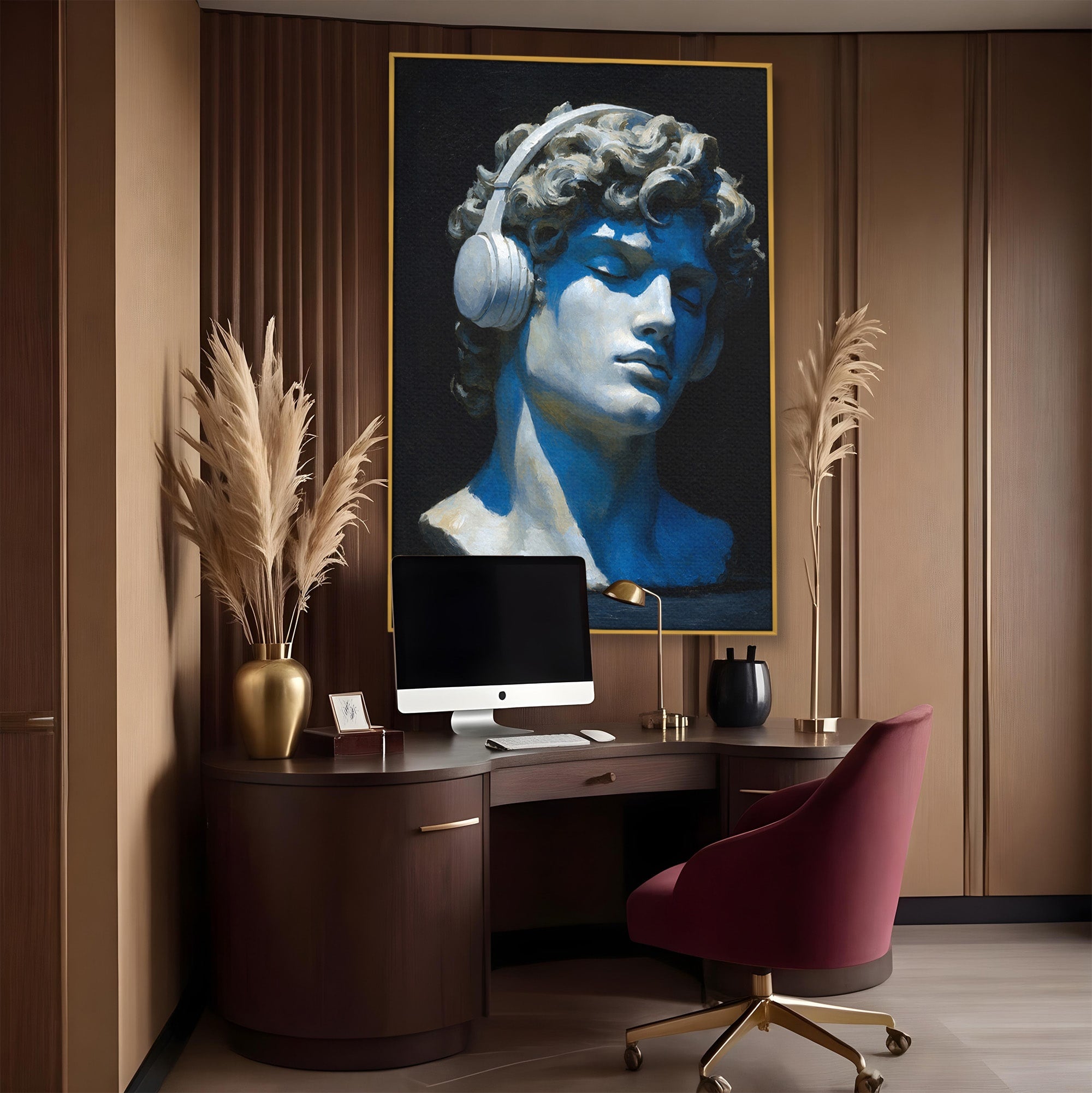 Tablou Canvas Premium LuxCanva® R1040, Statue Cu Casti, Statue, Arta Clasica, Muzica, Contemporan, Birou, Culori Vibrante
