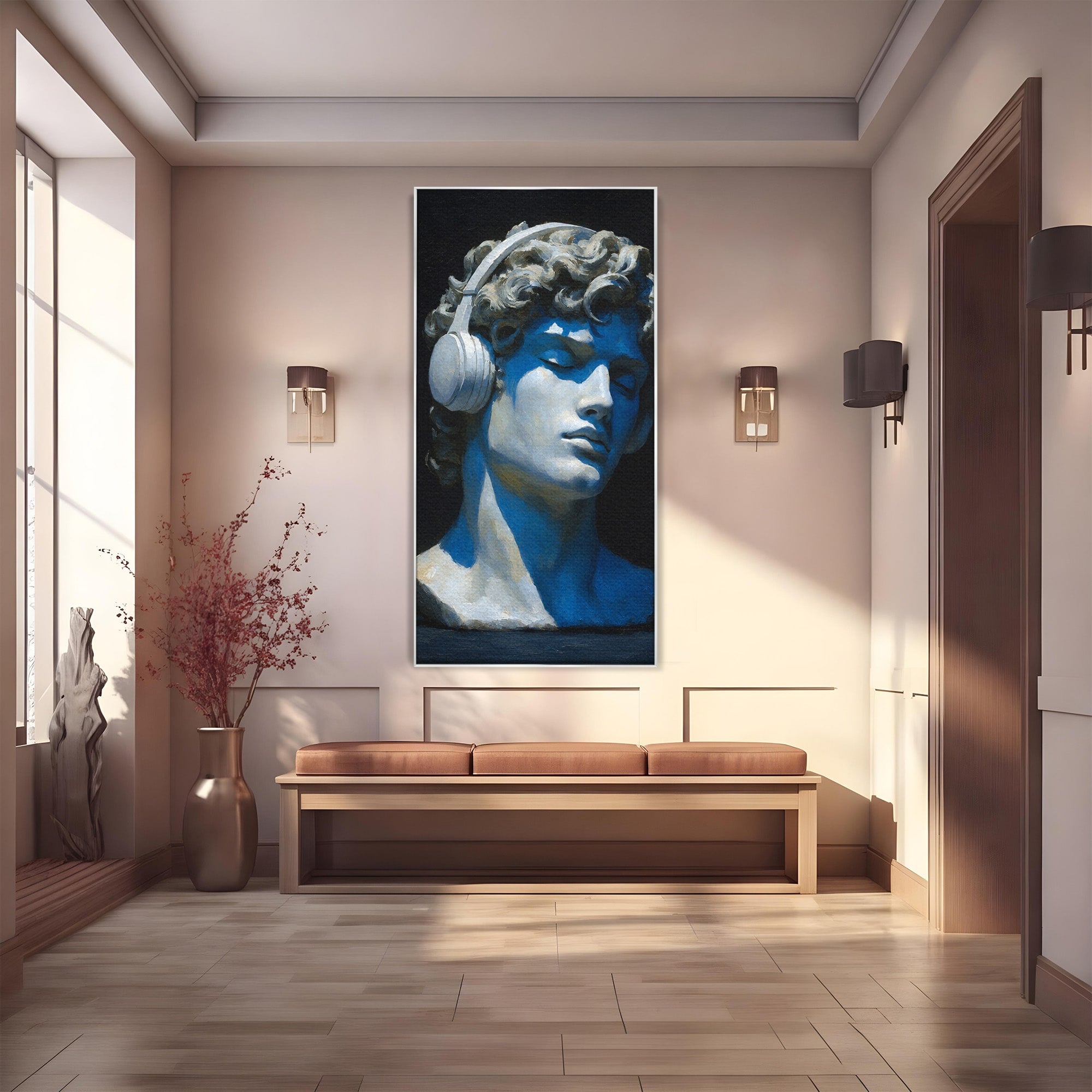 Tablou Canvas Premium LuxCanva® R1040, Statue Cu Casti, Statue, Arta Clasica, Muzica, Contemporan, Birou, Culori Vibrante