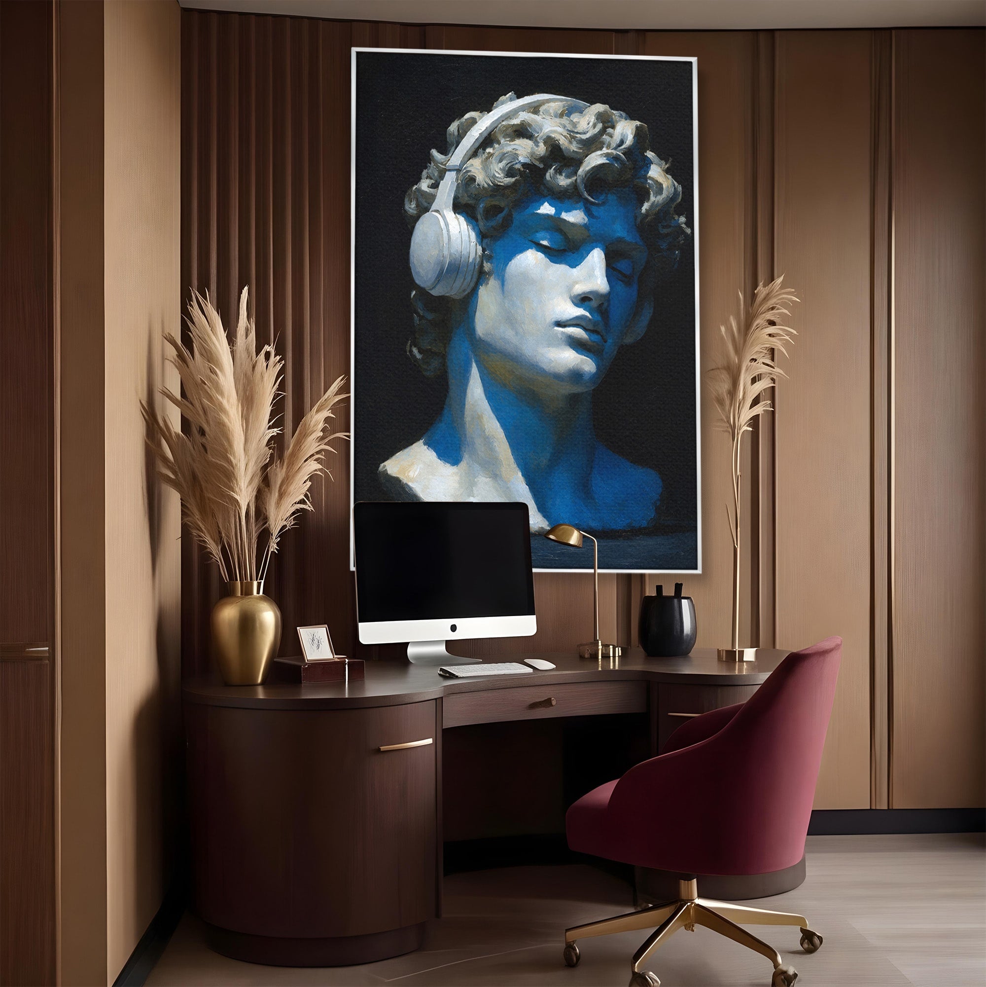 Tablou Canvas Premium LuxCanva® R1040, Statue Cu Casti, Statue, Arta Clasica, Muzica, Contemporan, Birou, Culori Vibrante