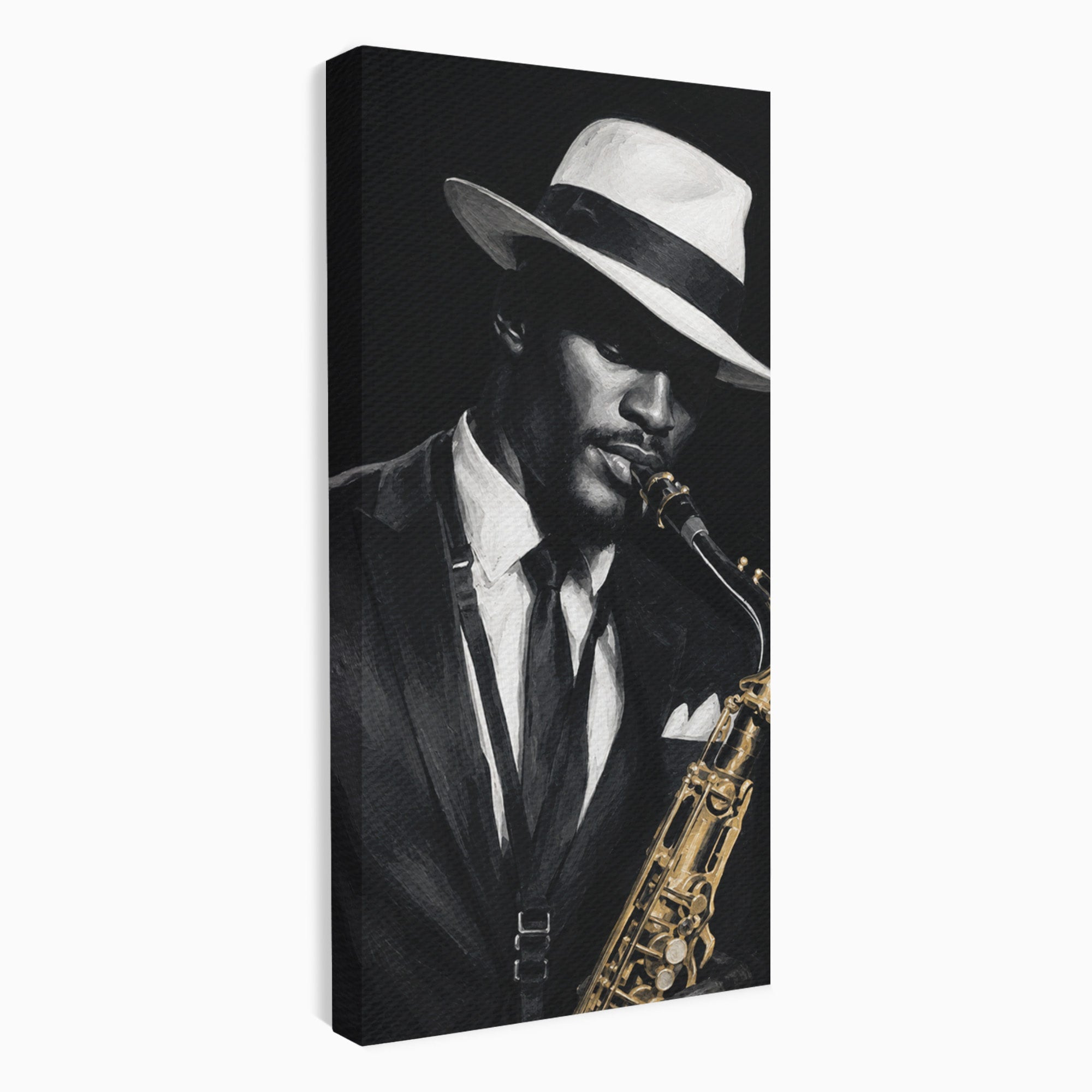 Tablou Canvas Premium LuxCanva® R1042, Saxofonist Elegant, Saxofonist, Muzica, Jazz, Portret, Stil, Living, Birou, Culori Vibrante
