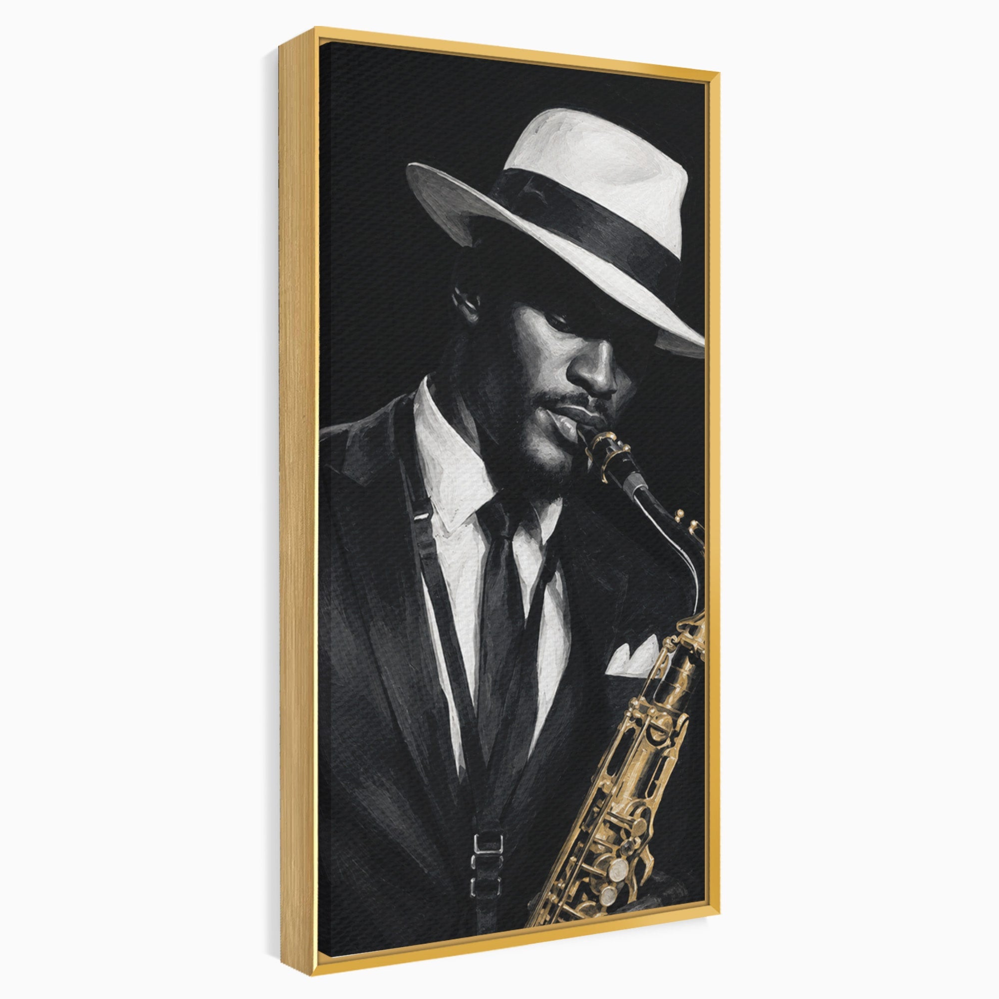 Tablou Canvas Premium LuxCanva® R1042, Saxofonist Elegant, Saxofonist, Muzica, Jazz, Portret, Stil, Living, Birou, Culori Vibrante