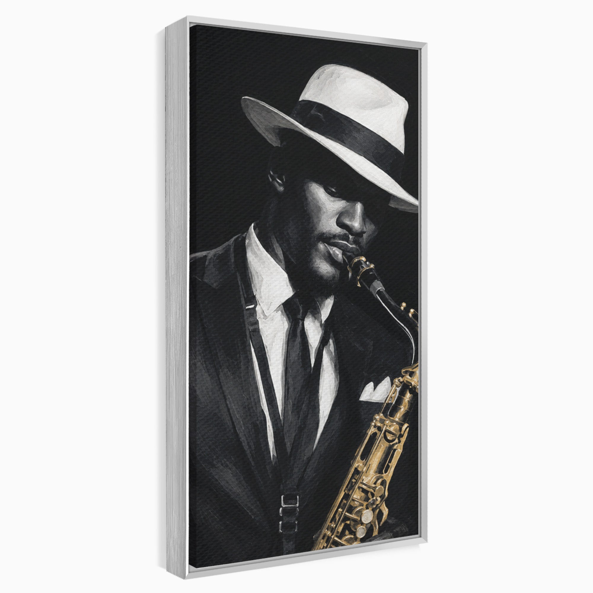 Tablou Canvas Premium LuxCanva® R1042, Saxofonist Elegant, Saxofonist, Muzica, Jazz, Portret, Stil, Living, Birou, Culori Vibrante