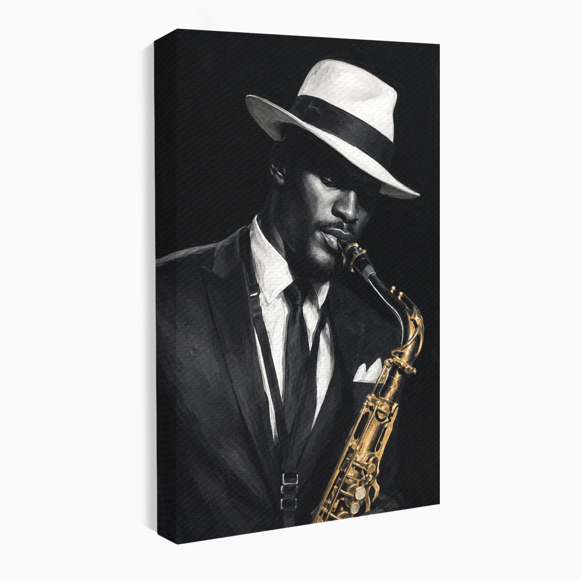 Tablou Canvas Premium LuxCanva® R1042, Saxofonist Elegant, Saxofonist, Muzica, Jazz, Portret, Stil, Living, Birou, Culori Vibrante