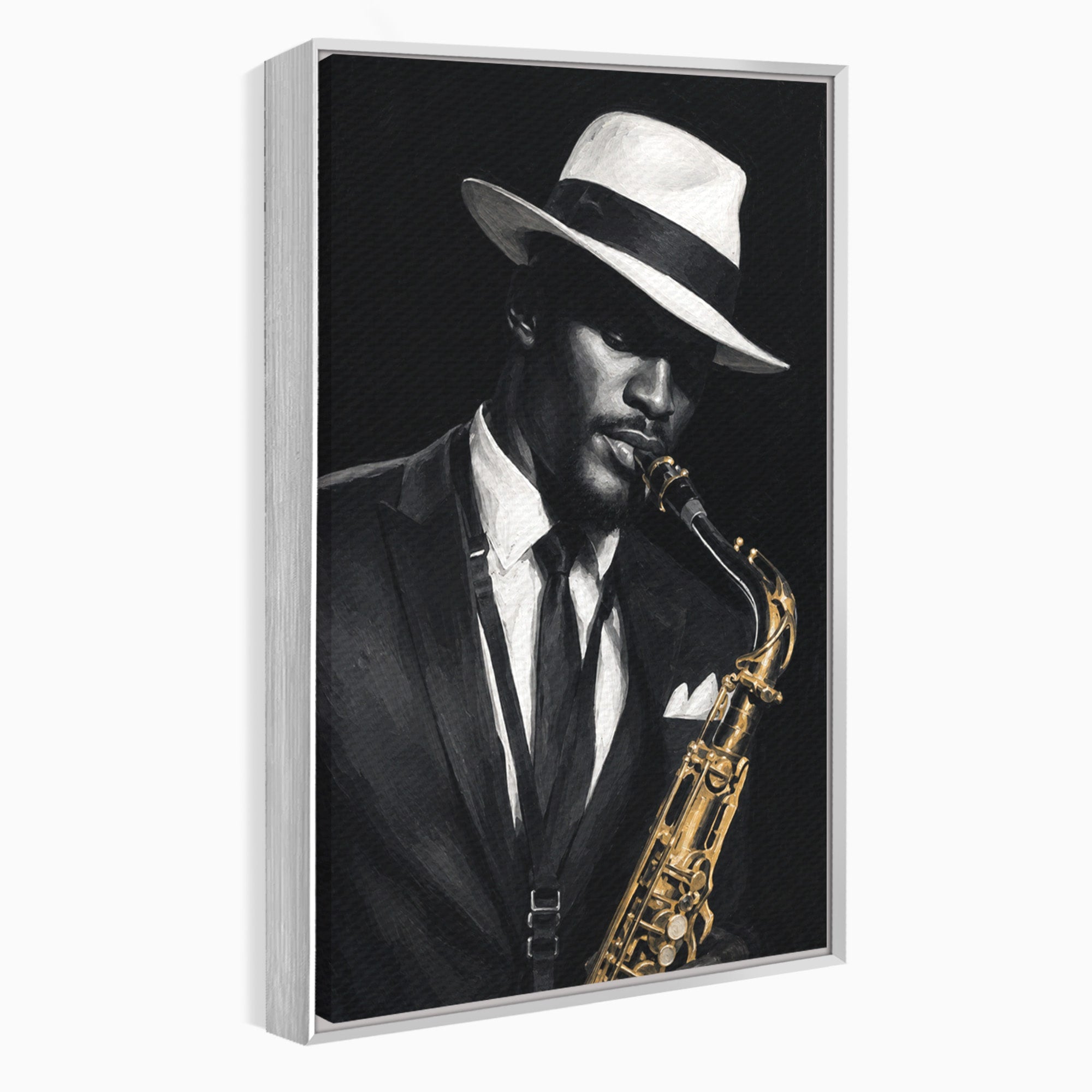 Tablou Canvas Premium LuxCanva® R1042, Saxofonist Elegant, Saxofonist, Muzica, Jazz, Portret, Stil, Living, Birou, Culori Vibrante