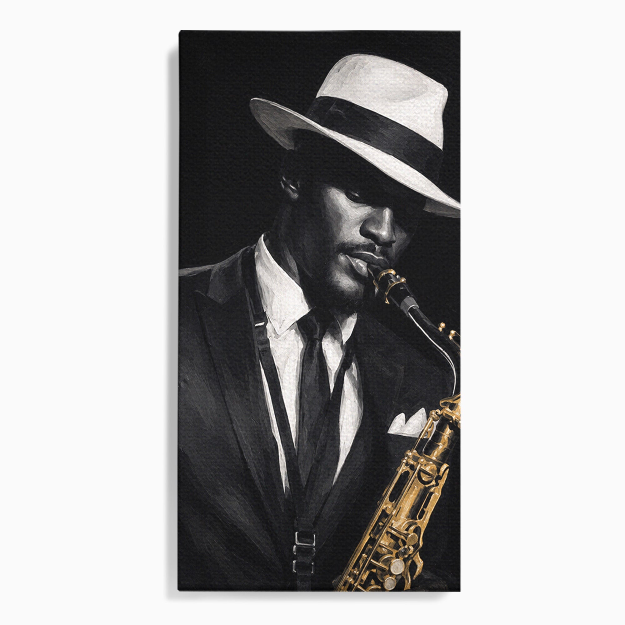 Tablou Canvas Premium LuxCanva® R1042, Saxofonist Elegant, Saxofonist, Muzica, Jazz, Portret, Stil, Living, Birou, Culori Vibrante
