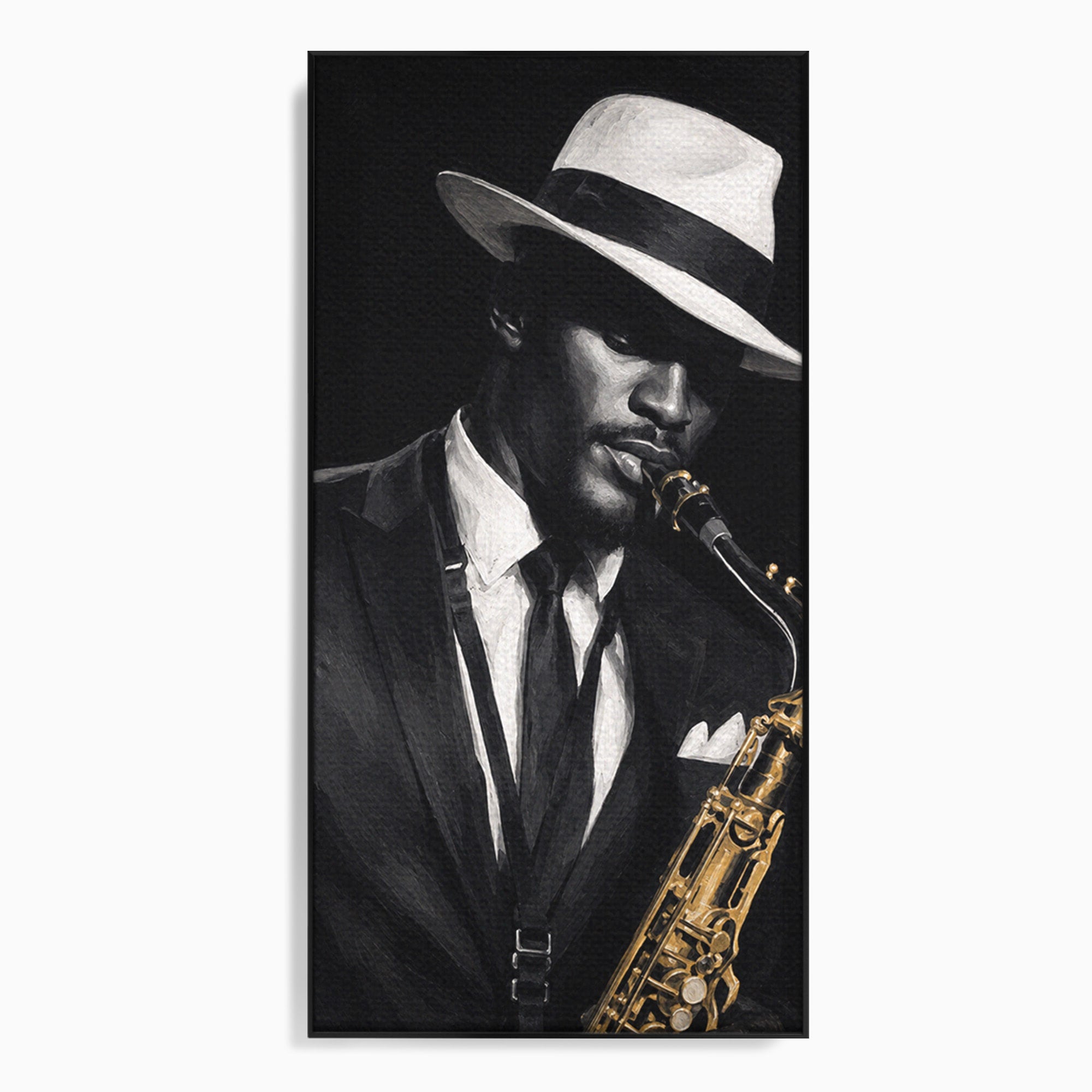 Tablou Canvas Premium LuxCanva® R1042, Saxofonist Elegant, Saxofonist, Muzica, Jazz, Portret, Stil, Living, Birou, Culori Vibrante