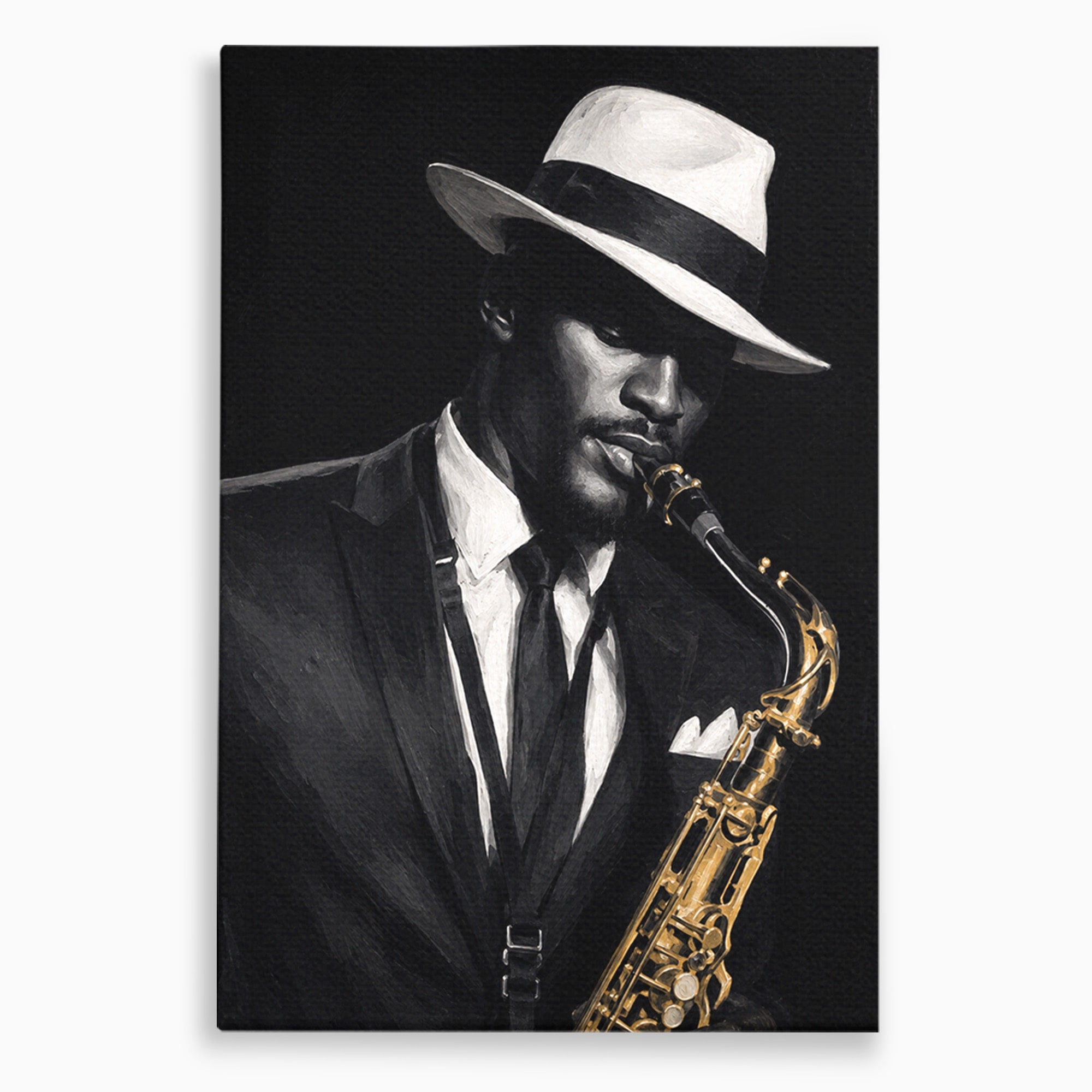 Tablou Canvas Premium LuxCanva® R1042, Saxofonist Elegant, Saxofonist, Muzica, Jazz, Portret, Stil, Living, Birou, Culori Vibrante